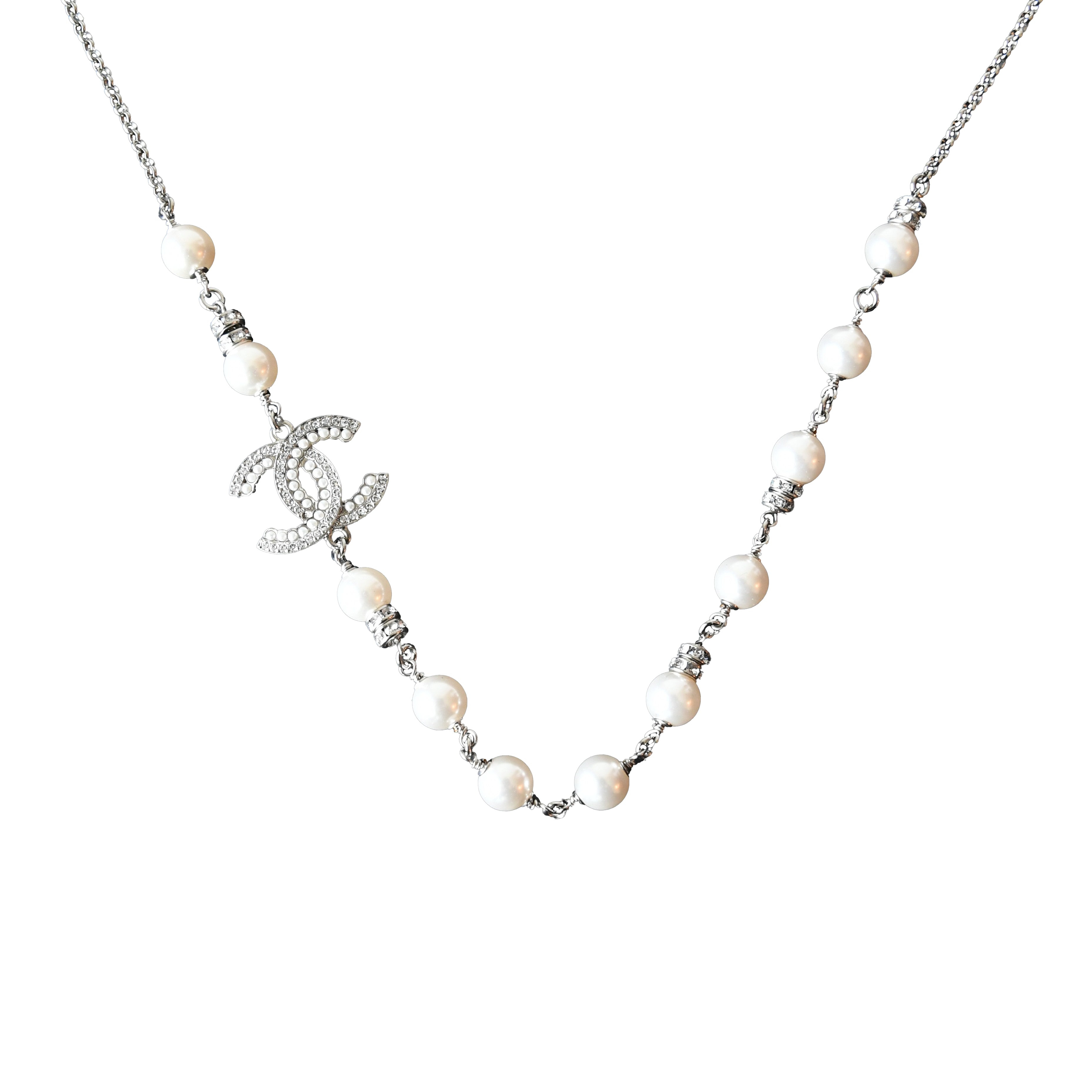 Chanel 24S Pearl Crystal Strass CC Logo With Pearl Chain Necklace Silver - 2