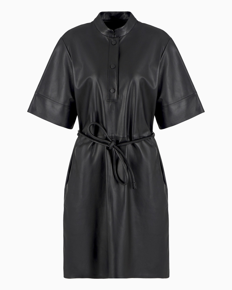 Short-sleeved dress in semi-aniline lambskin nappa leather with a belt 1