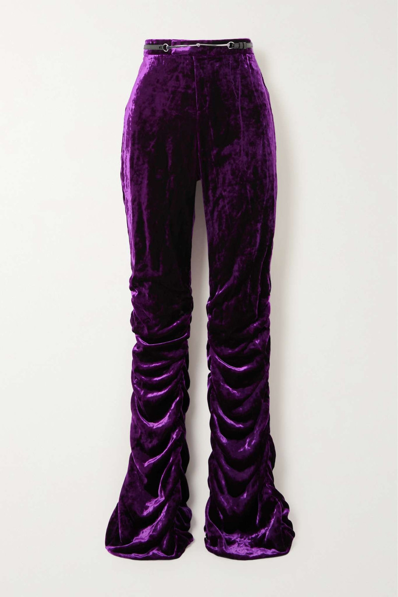 Belted gathered velvet straight-leg pants - 1