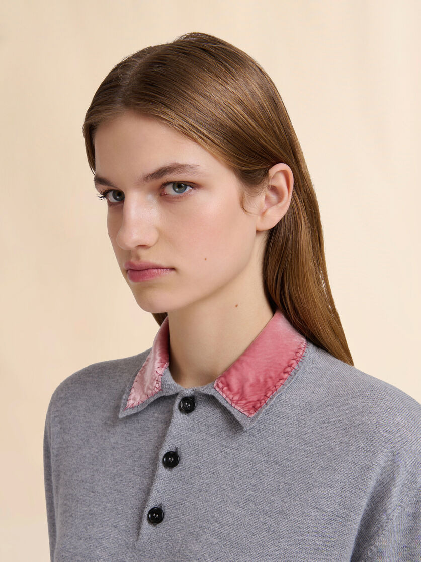 GRAY WOOL POLO SHIRT WITH VELVET COLLAR - 4