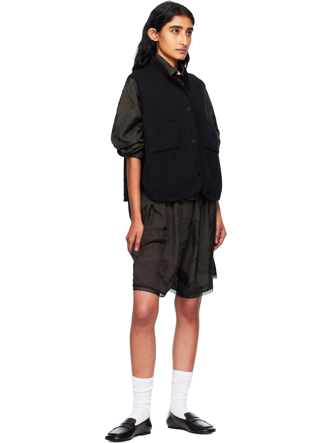 Black Boxy Cotton Waistcoat Cardigan - 4