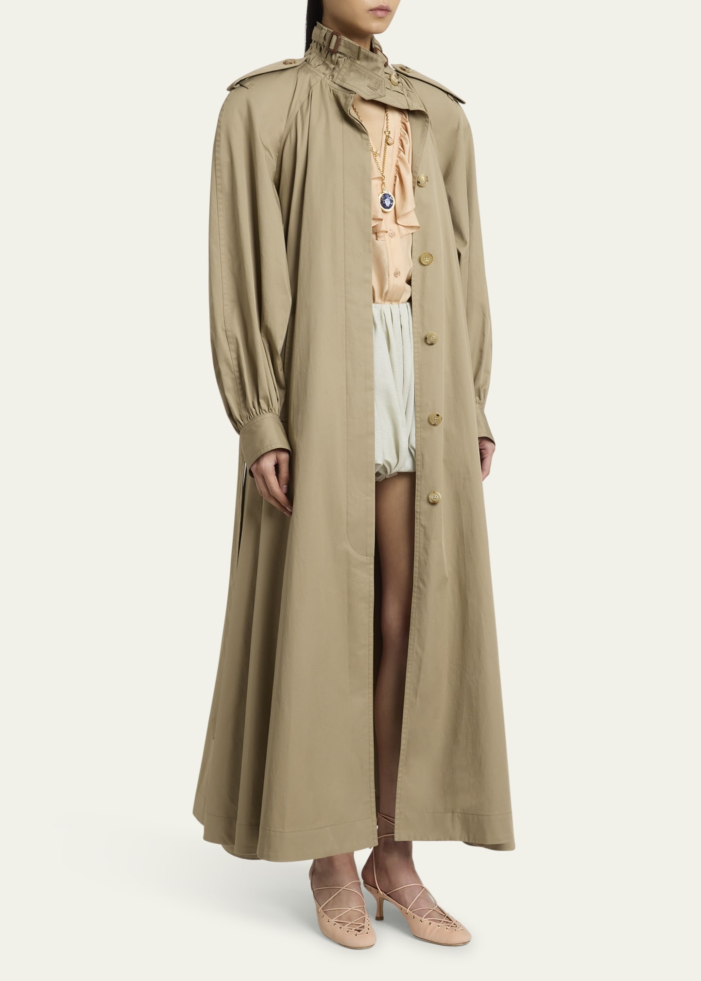 Long High-Neck Belted Gabardine Trench Coat - 4