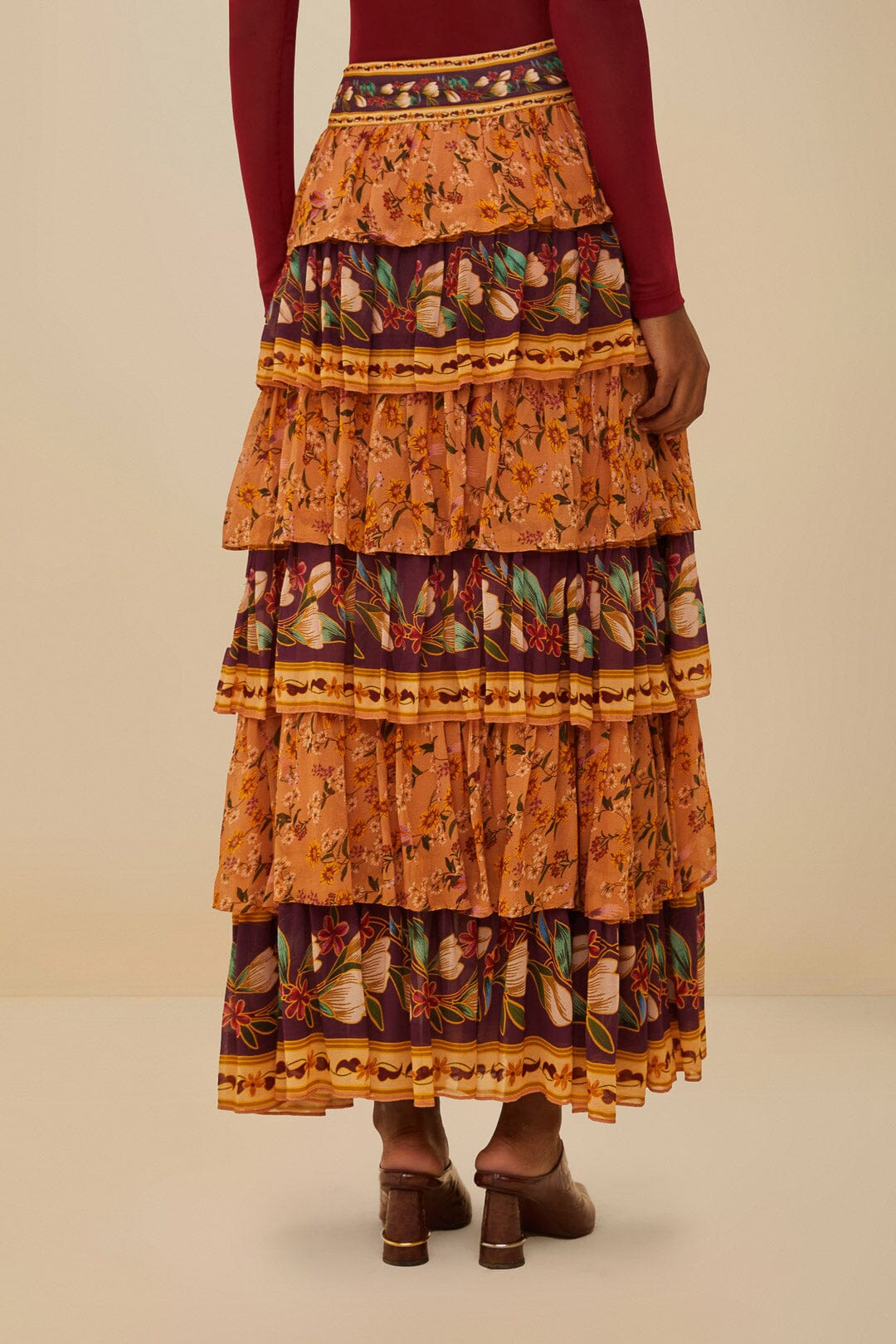 Colorful Birds Camel Ruffles Midi Skirt - 3