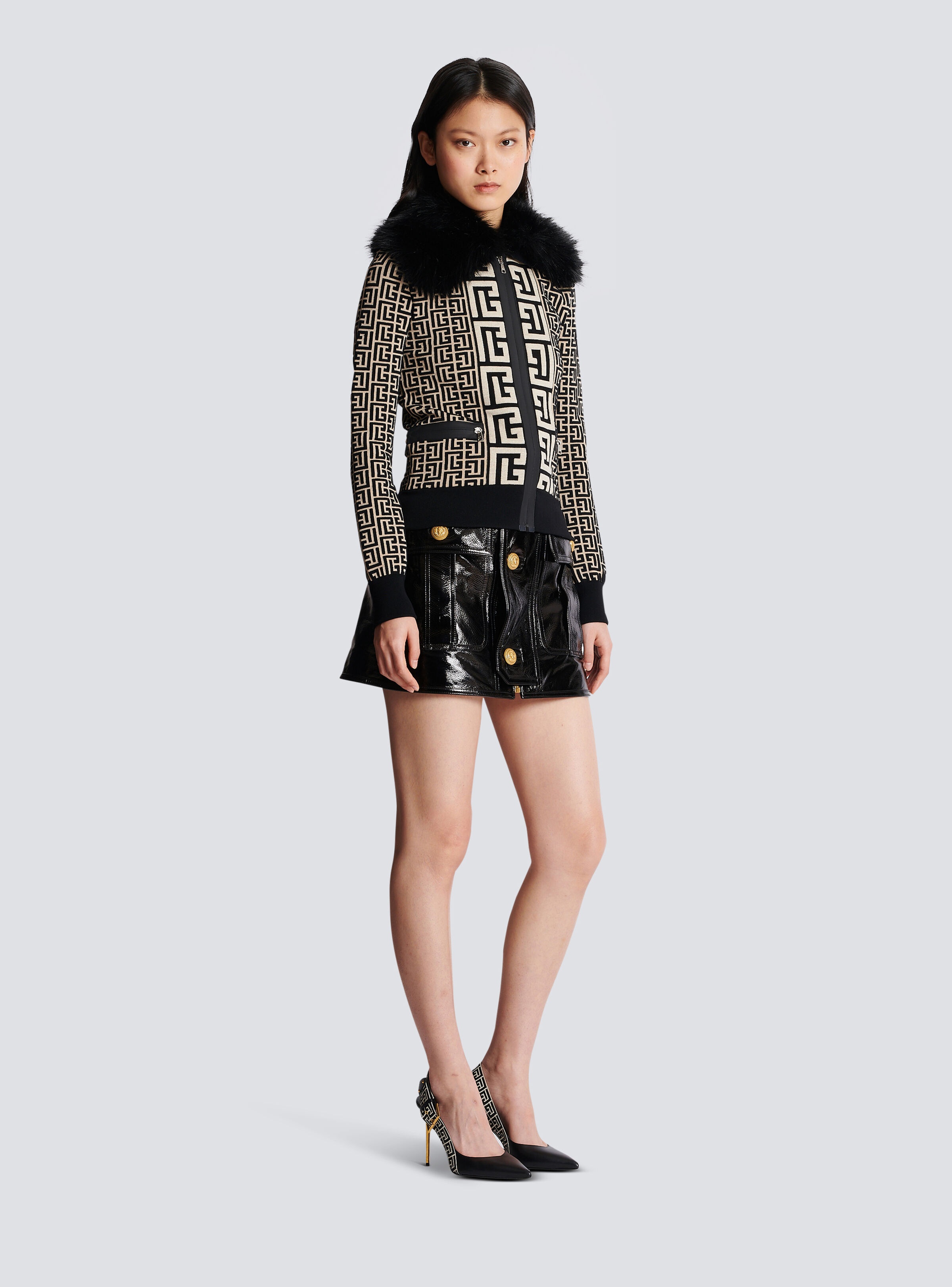 Monogrammed knit jacket with faux fur - 3