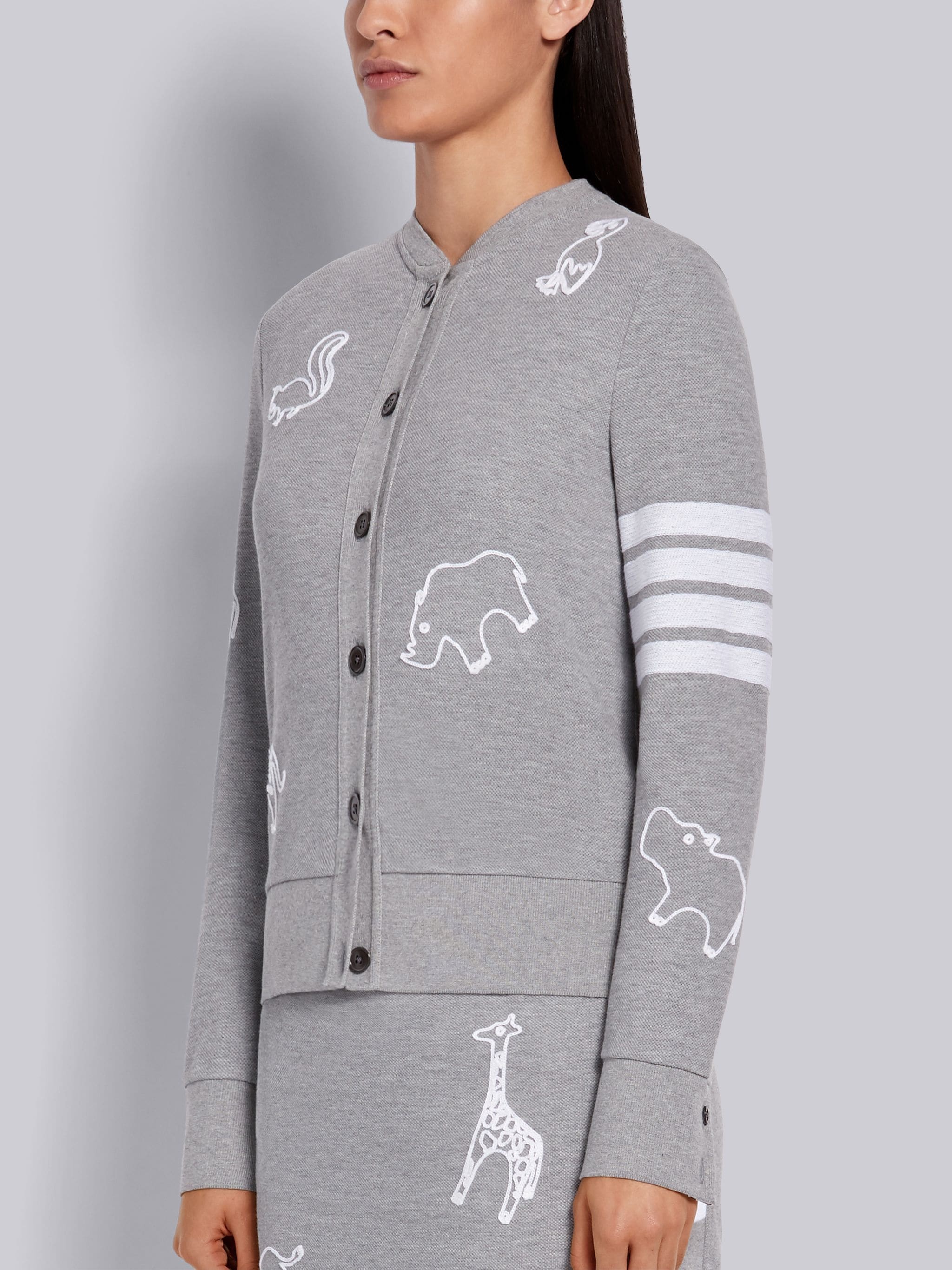 Light Grey Classic Cotton Pique Animal Icon Embroidery Crewneck 4-Bar Cardigan - 2