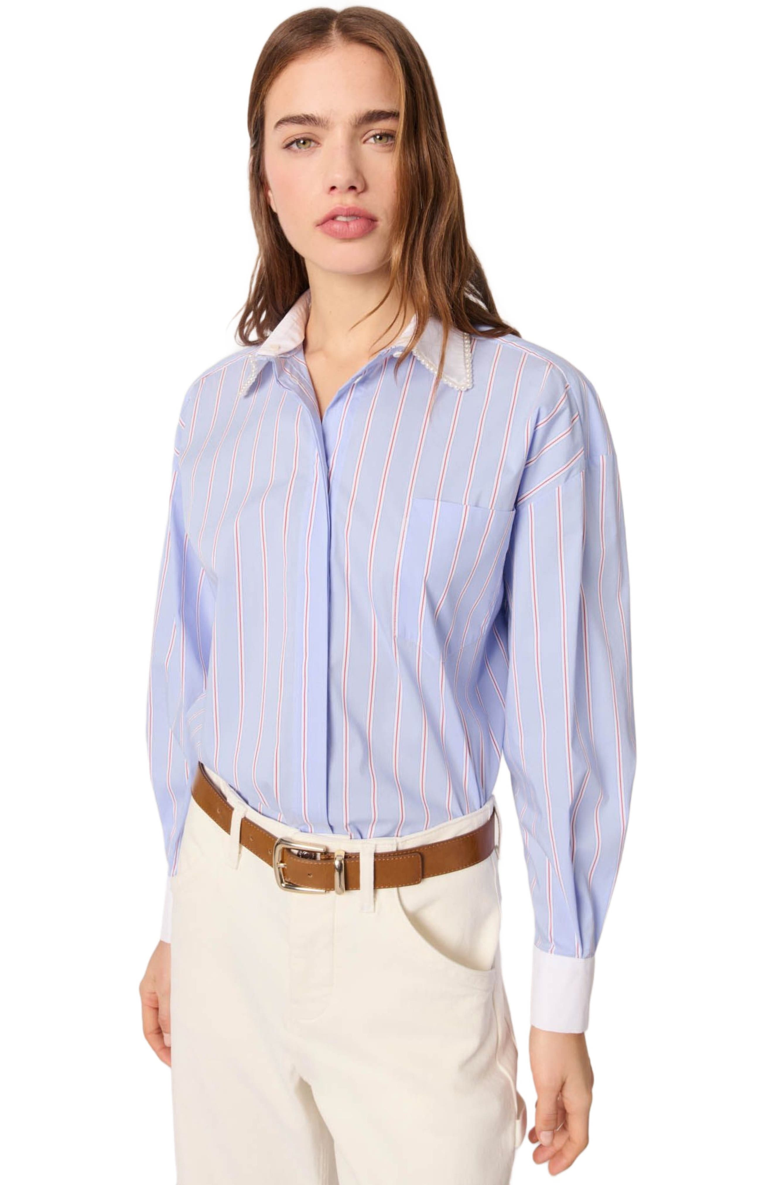 maje Striped shirt with beaded collar in Light Blue Stripes at Nordstrom - 5