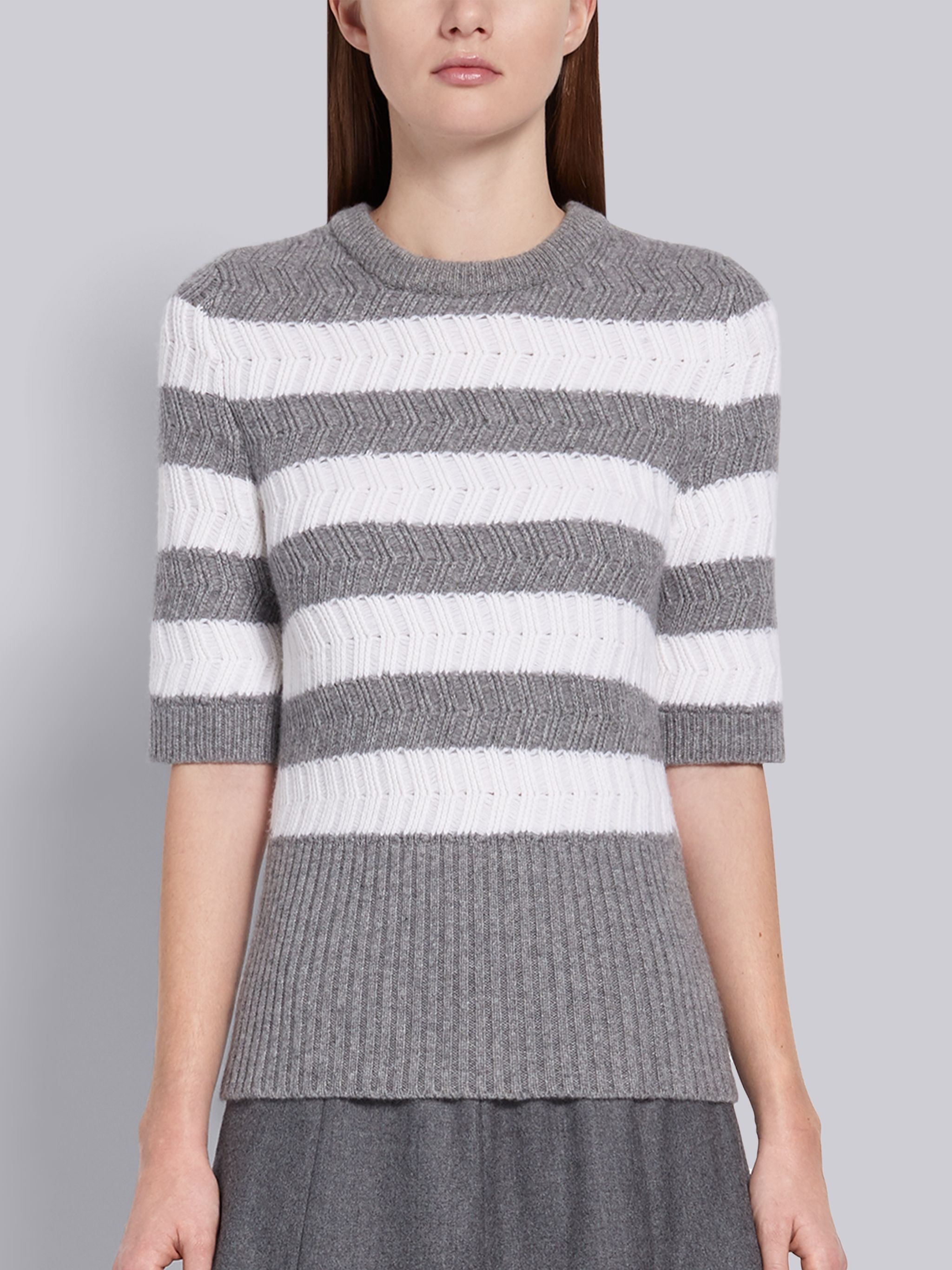 Light Grey Cashmere Rackiting Stich Striped Crewneck Short Sleeve Tee - 1