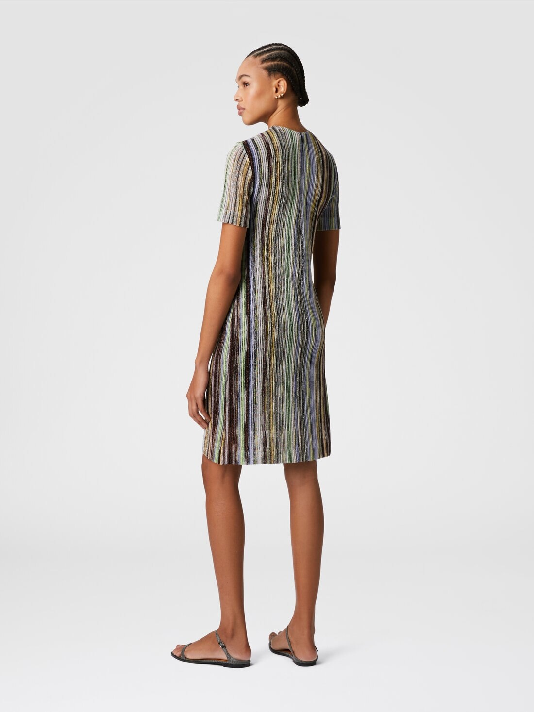 Short-sleeved mini-dress in striped lamé slub viscose - 3