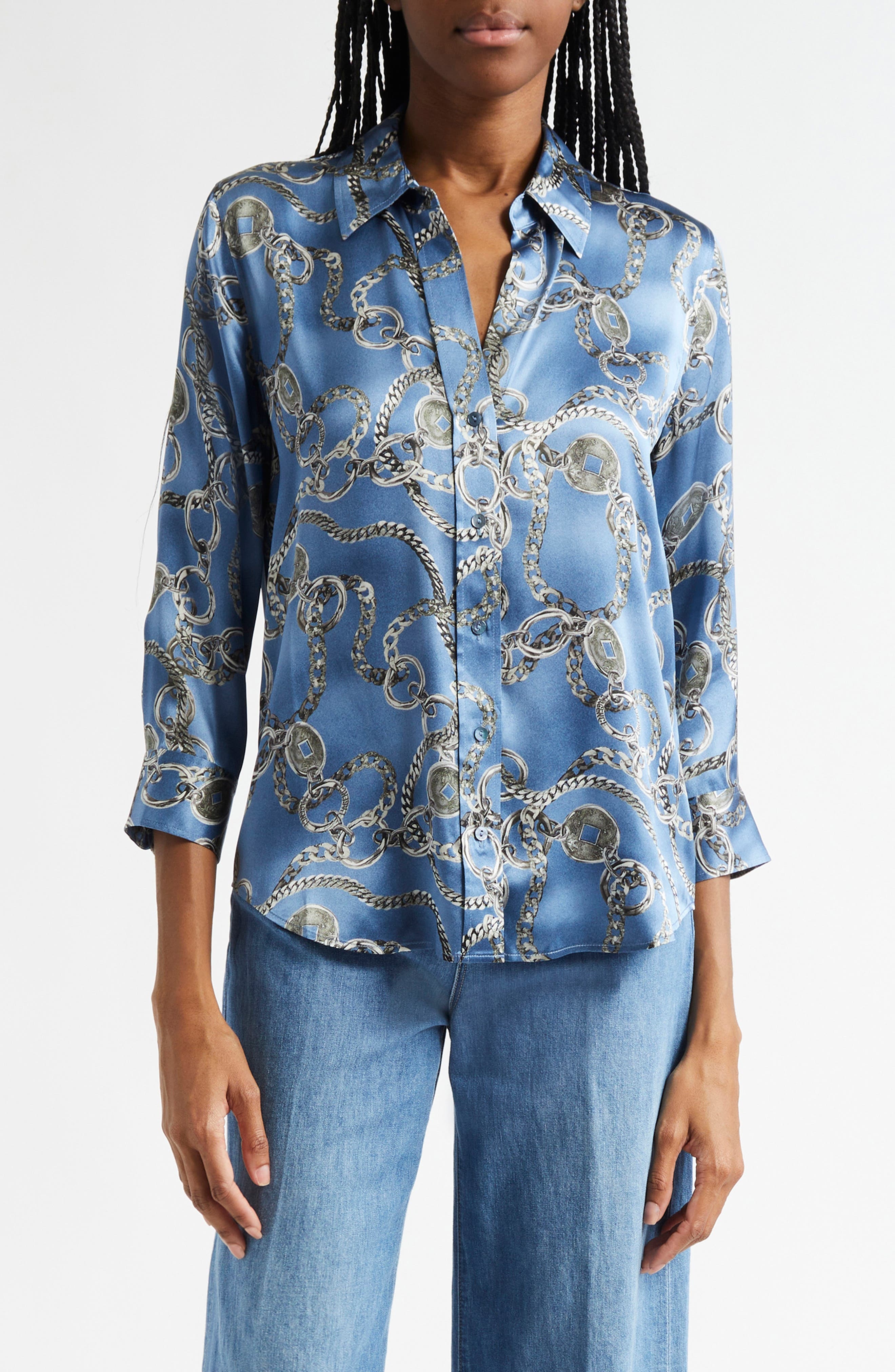 L'AGENCE Dani Chain Print Silk Button-Up Shirt in Blue Horizon/Silver Good Luck at Nordstrom - 1