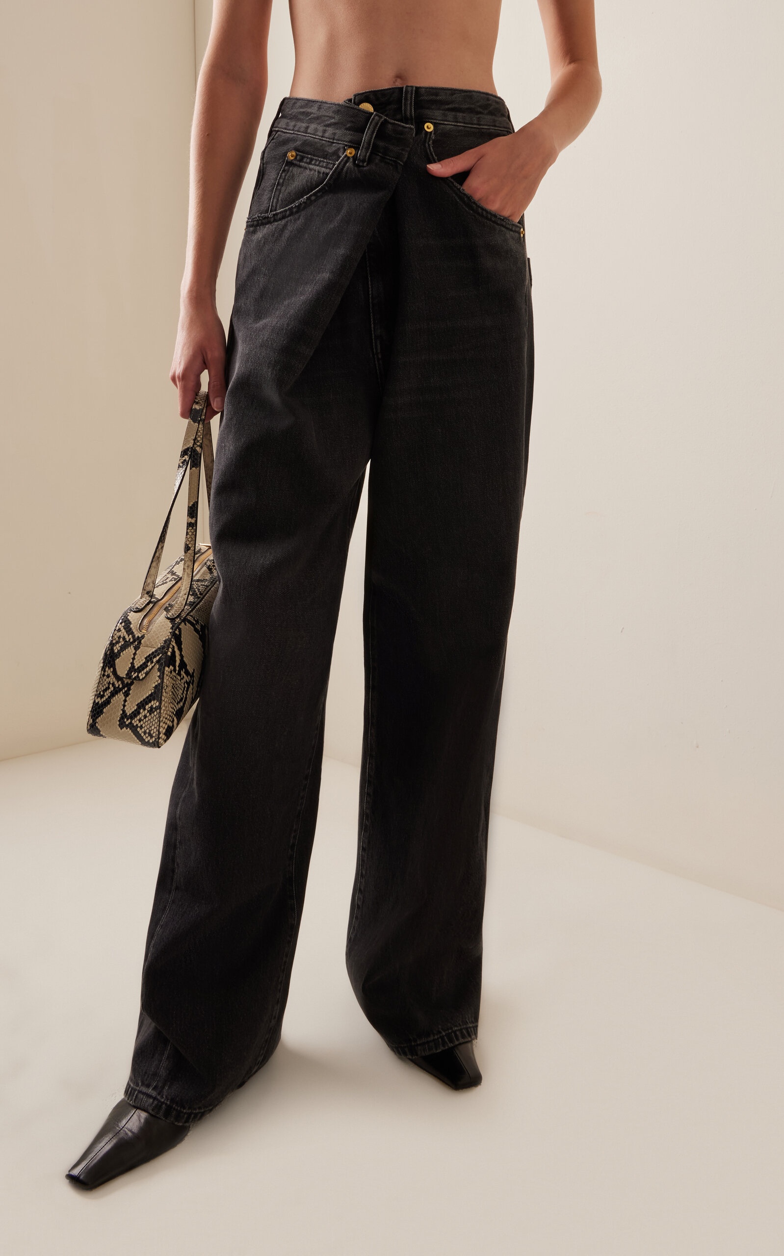 Ines Fold-Over Low-Rise Rigid Wide-Leg Jeans black - 3