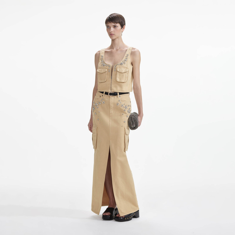 self-portrait Embellished Denim Cargo Maxi Skirt outlook