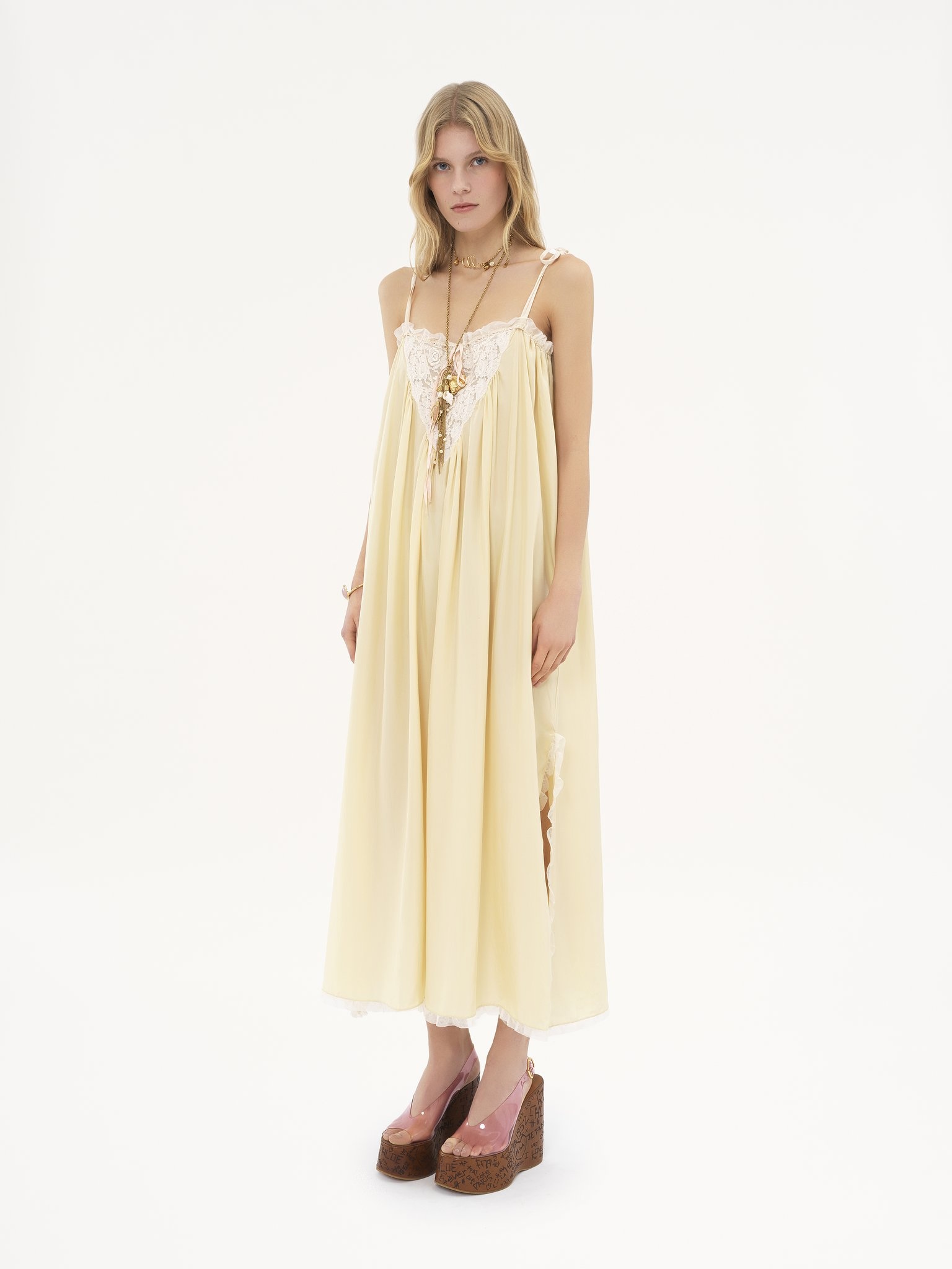 RUFFLED LONG DRESS IN SILK HABOTAI & LACE - 4
