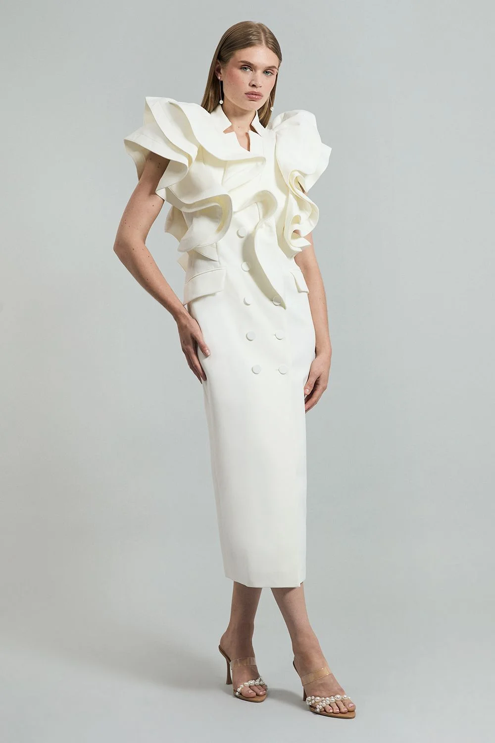 Drama Ruffle Tuxedo Tailored Pencil Maxi Dress - 1