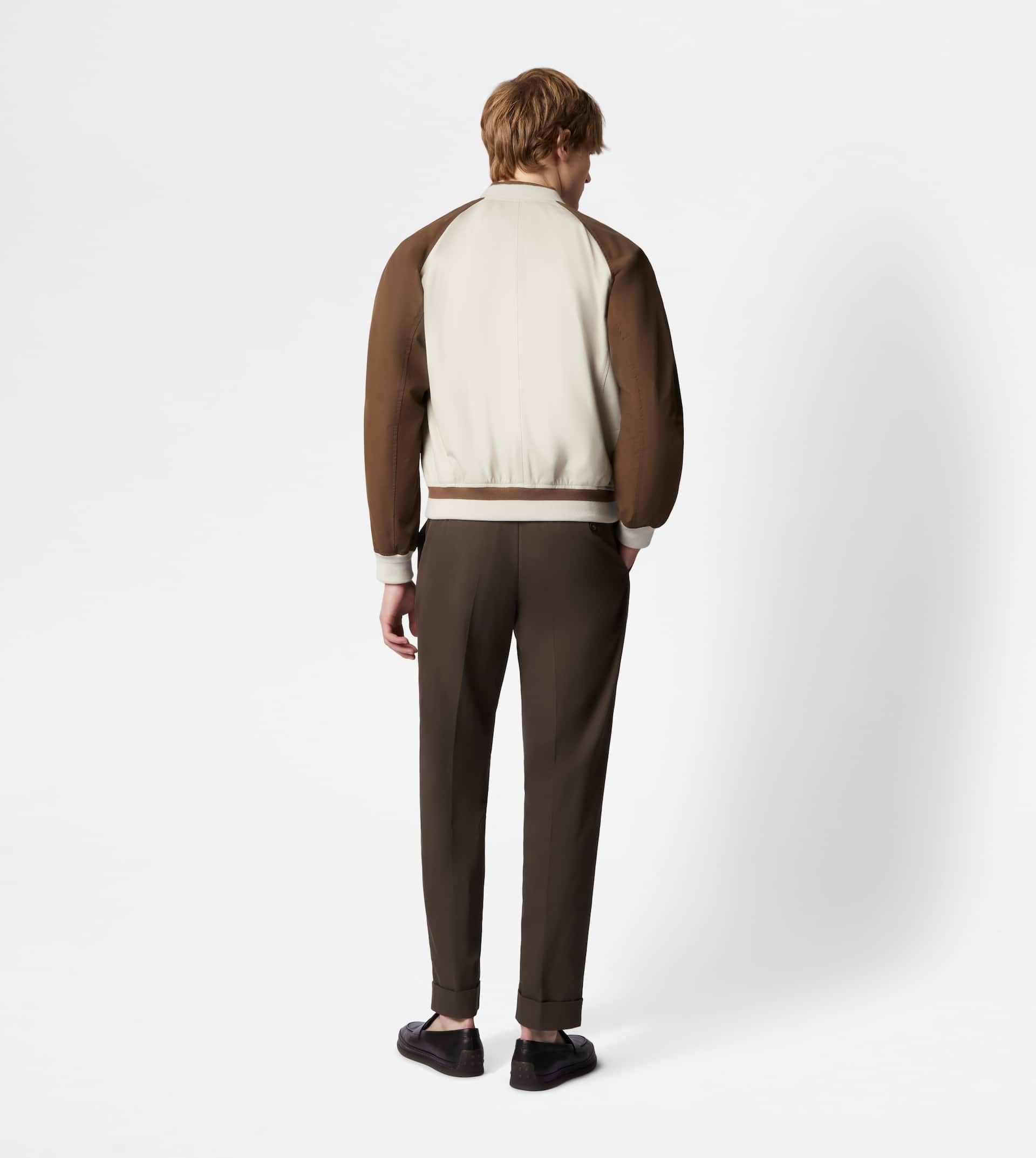 BOMBER JACKET IN LEATHER - BROWN, OFF WHITE - 3