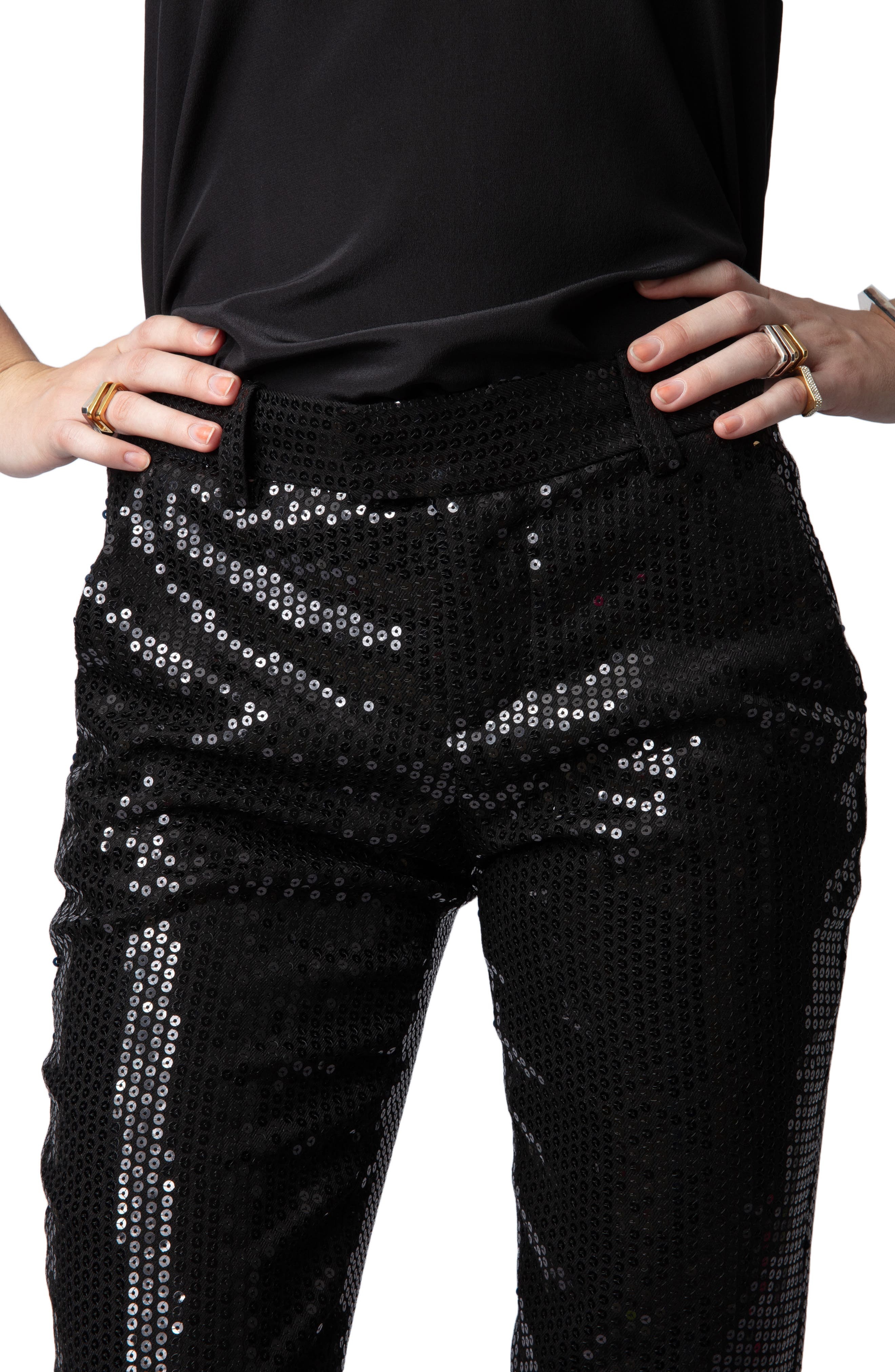 Zadig & Voltaire Prune Ankle Zip Sequin Straight Leg Pants in Noir at Nordstrom - 4