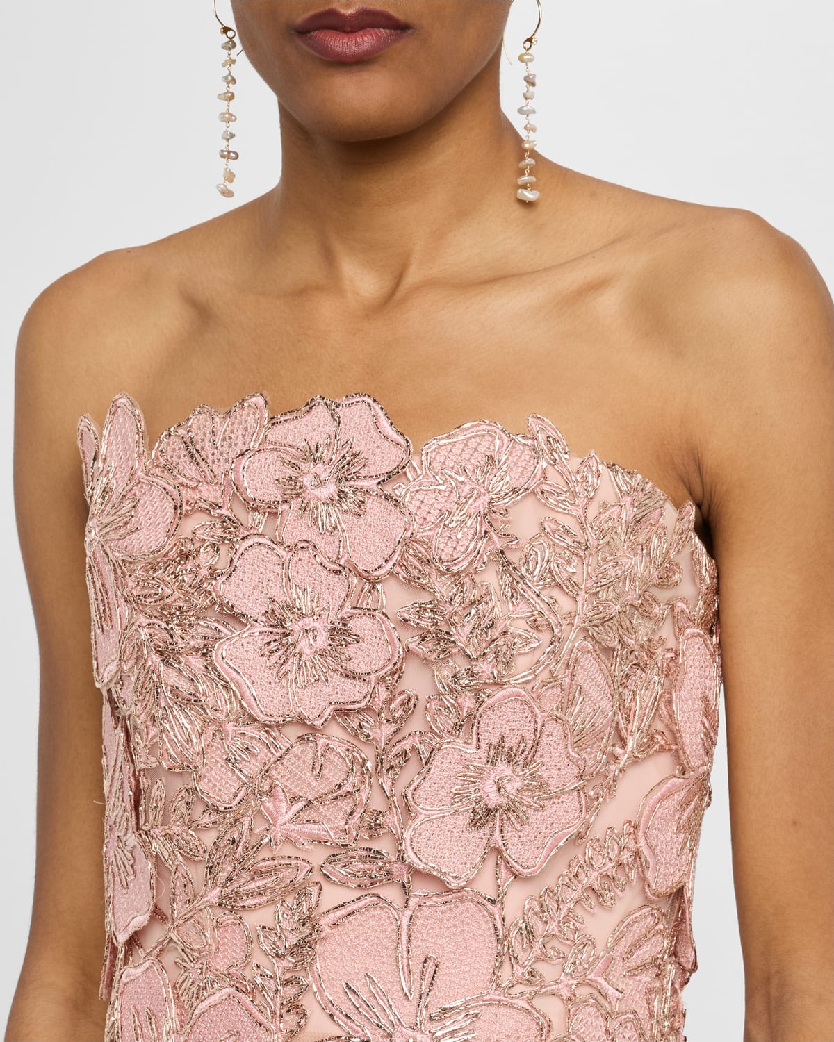 Strapless Metallic Floral Embroidered Tulle A-Line Gown - 5
