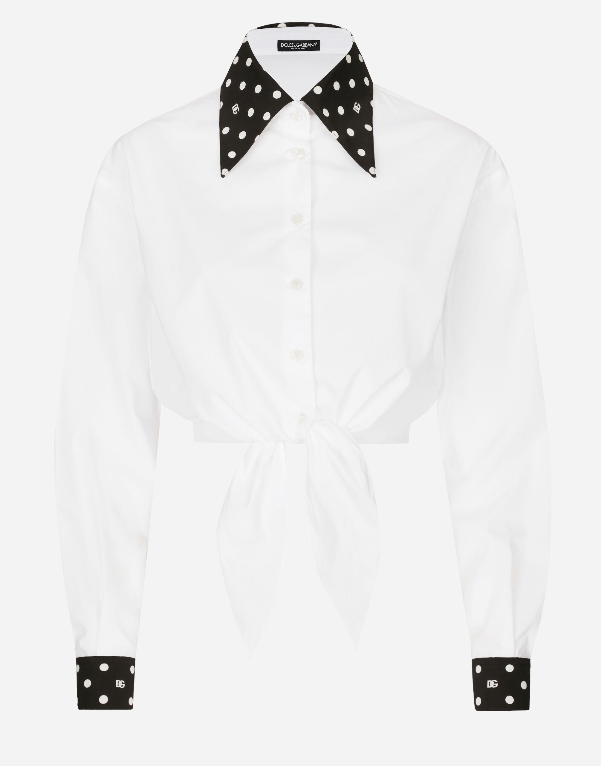 Cropped cotton poplin shirt with knot detail and polka-dot print - 1