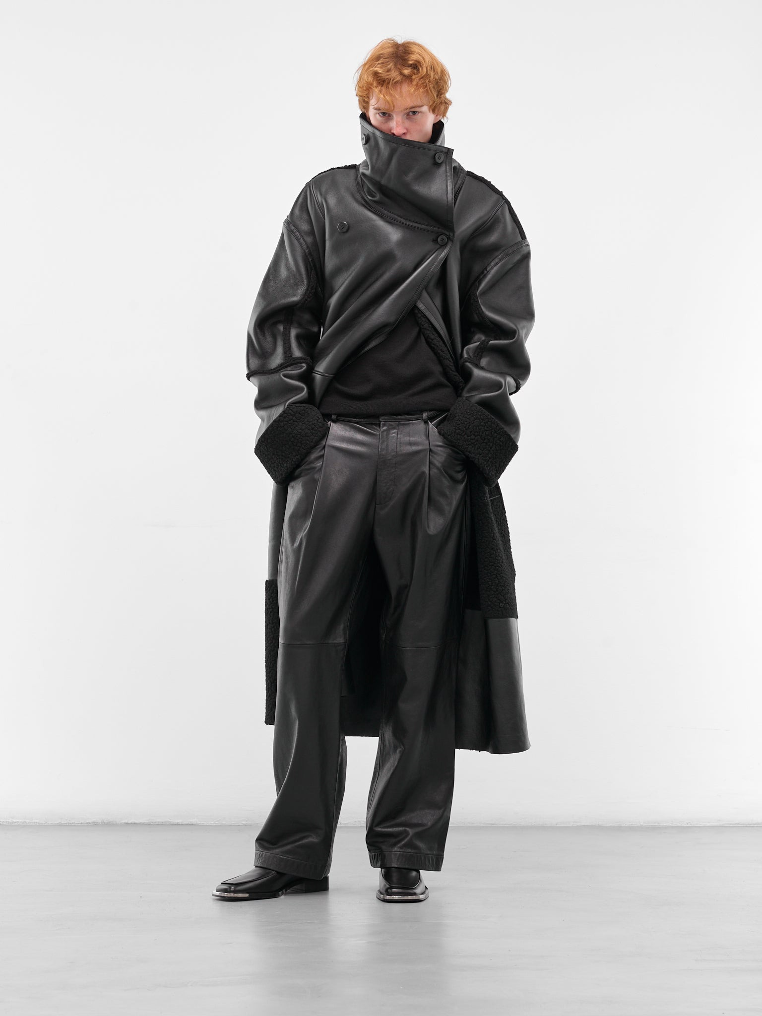 Black Leather Shearling Long Coat - 6