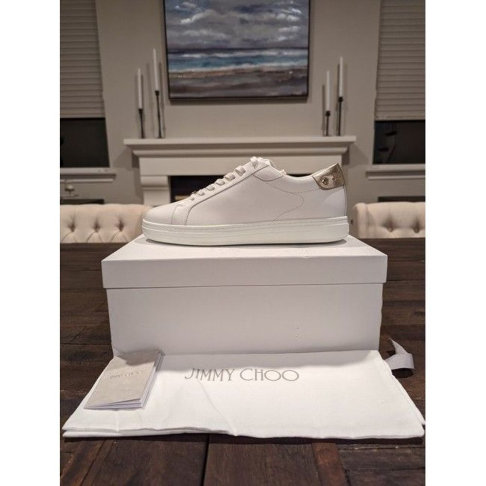 Jimmy Choo Women White Rome Metallic-Trimmed Leather Sneakers - 5