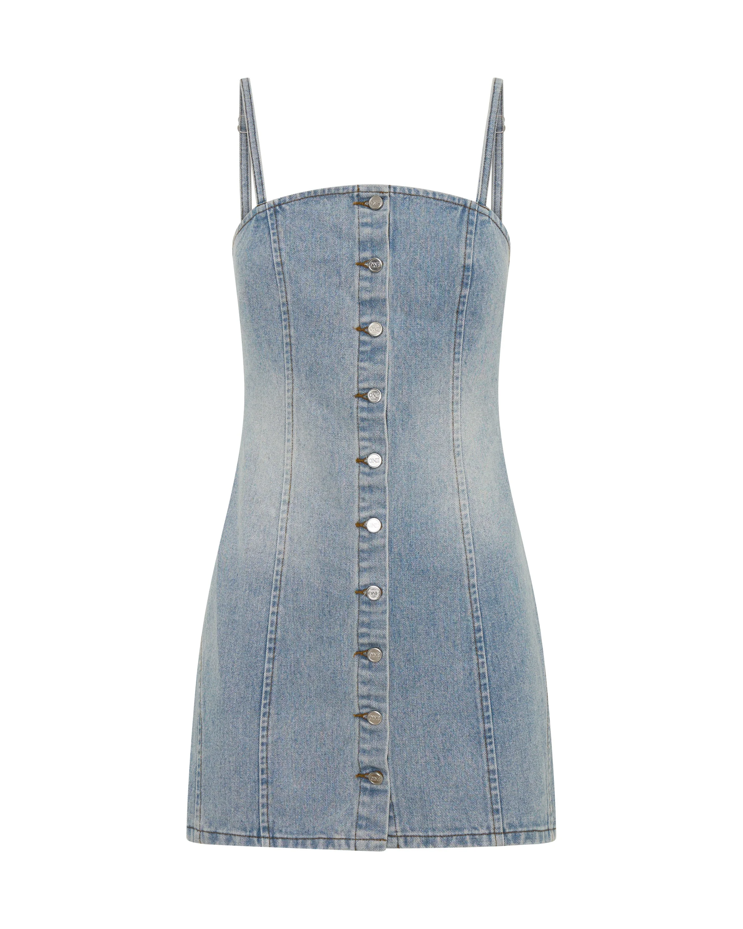 Riviera Fitted Strappy Mini Denim Dress - Hendrixe Blue - 1