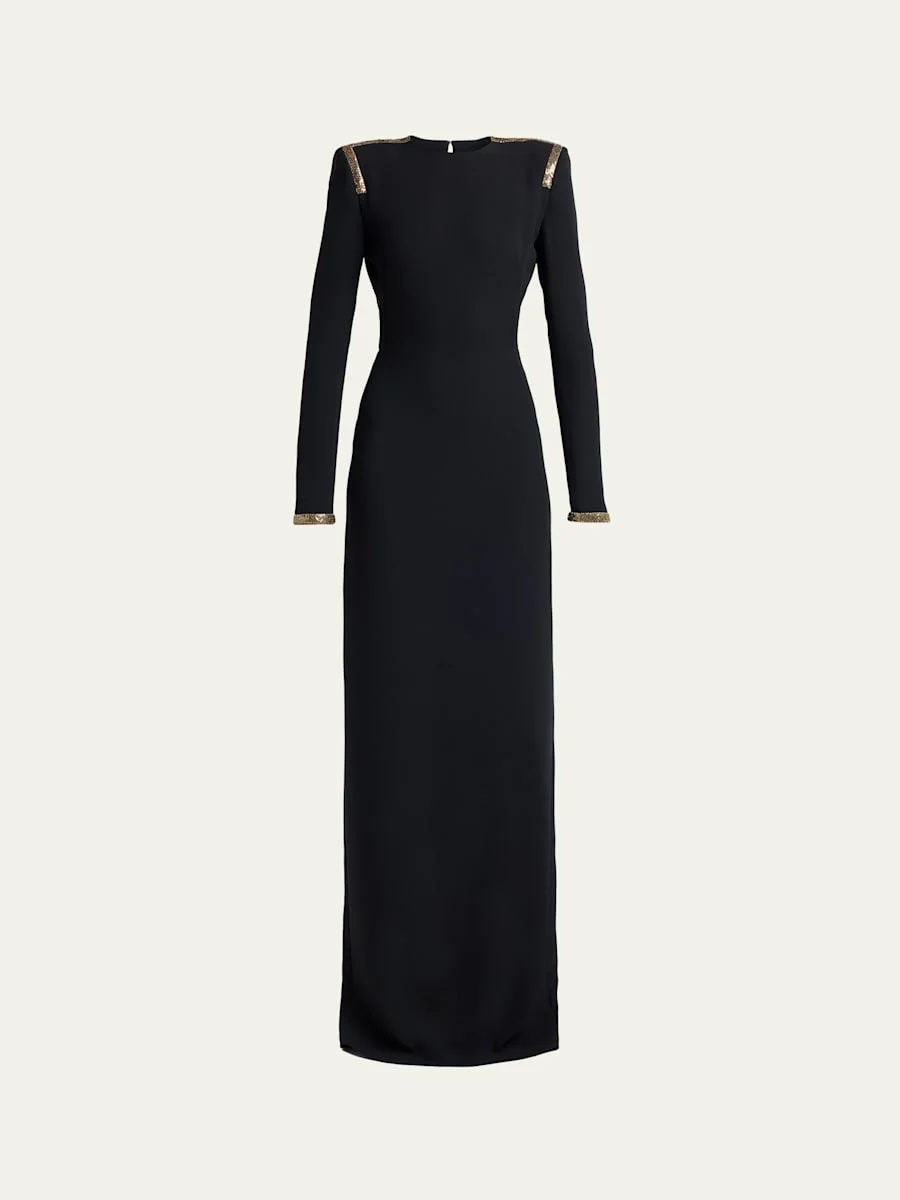 Long-Sleeve Chainmail-Trim Silk Column Gown - 1