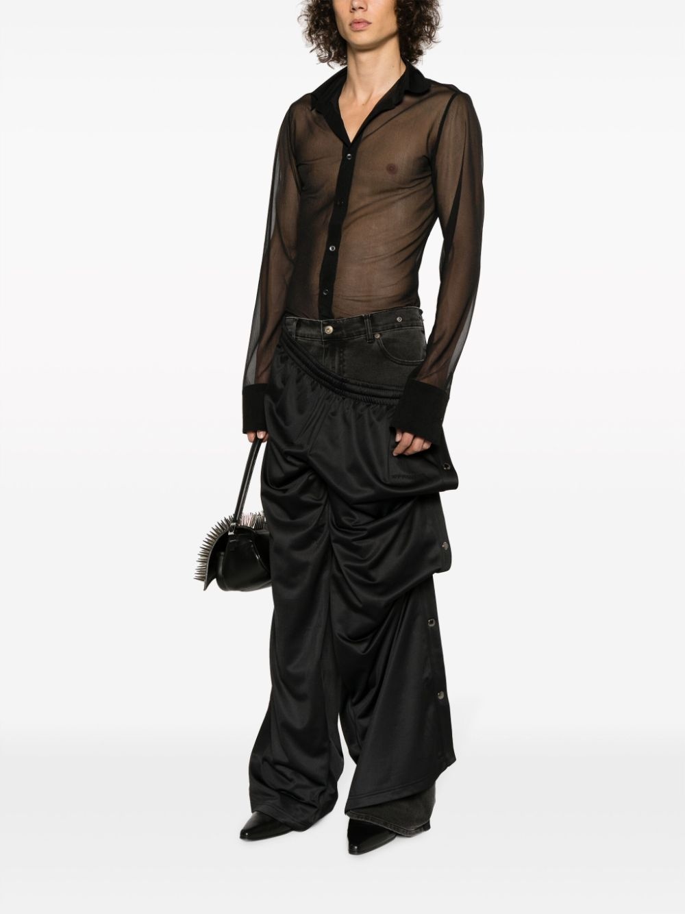 logo-embroidered layered-design wide-leg trousers - 3