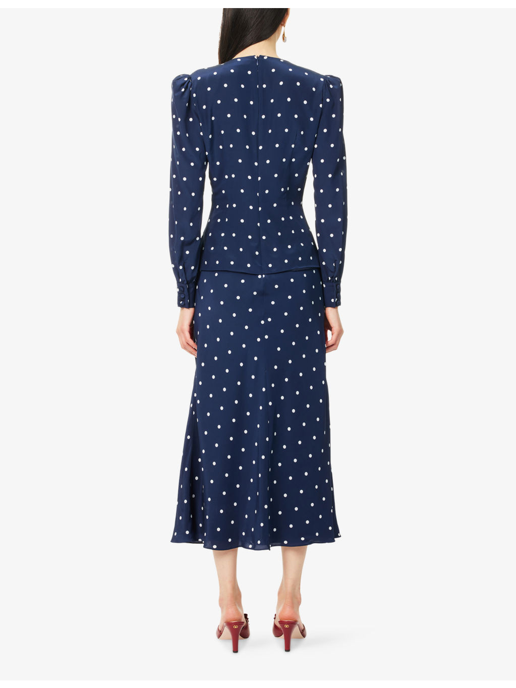 Polka-Dot Plunge-V-Neck Silk Midi Dress - 4