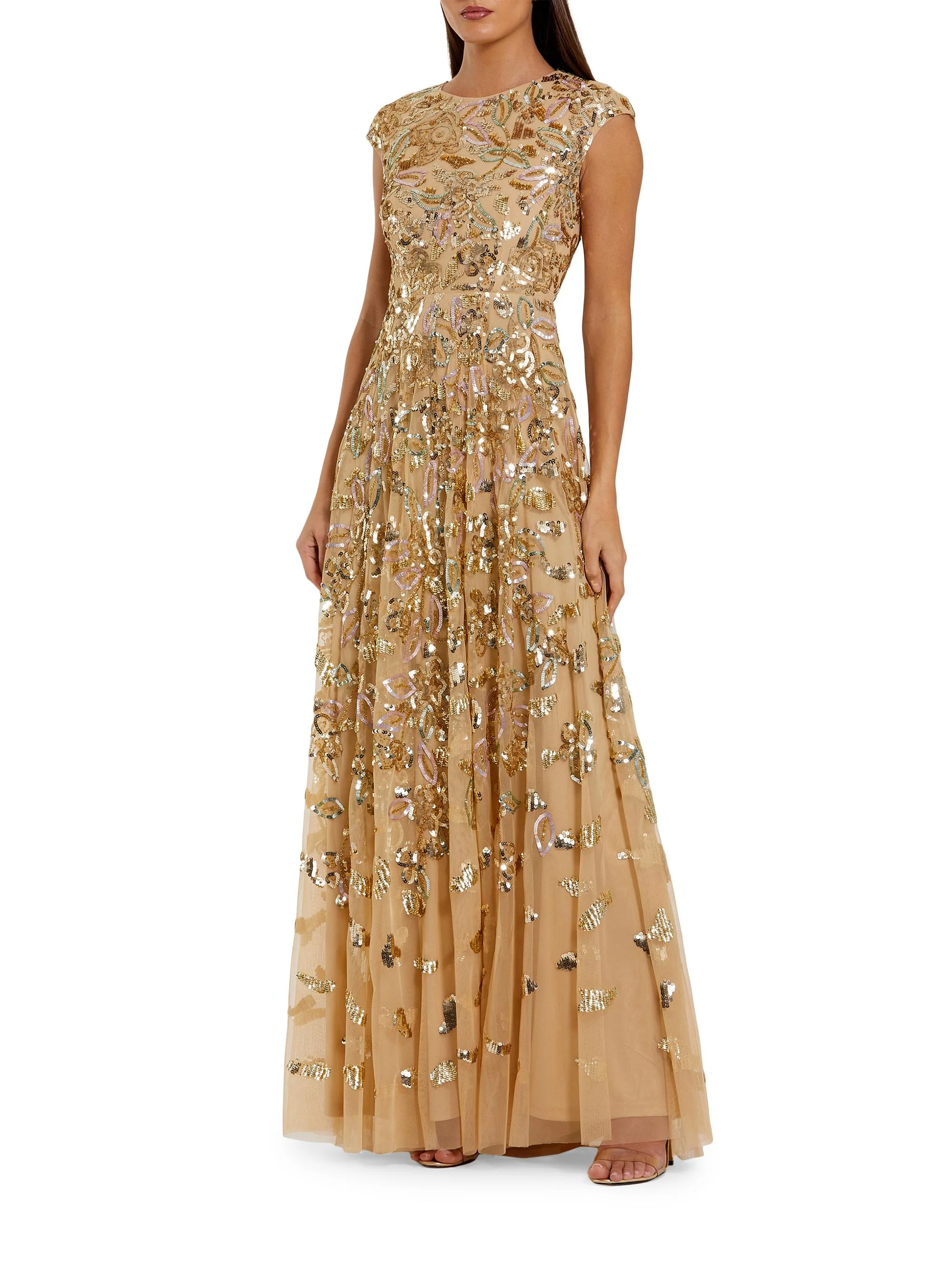 Women's Evening Sequined Cap-Sleeve A-Line Gown - Gold Multi - 1