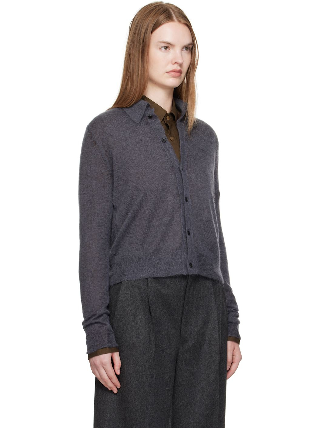 Gray Kid Mohair Sheer Knit Shirt Cardigan - 2