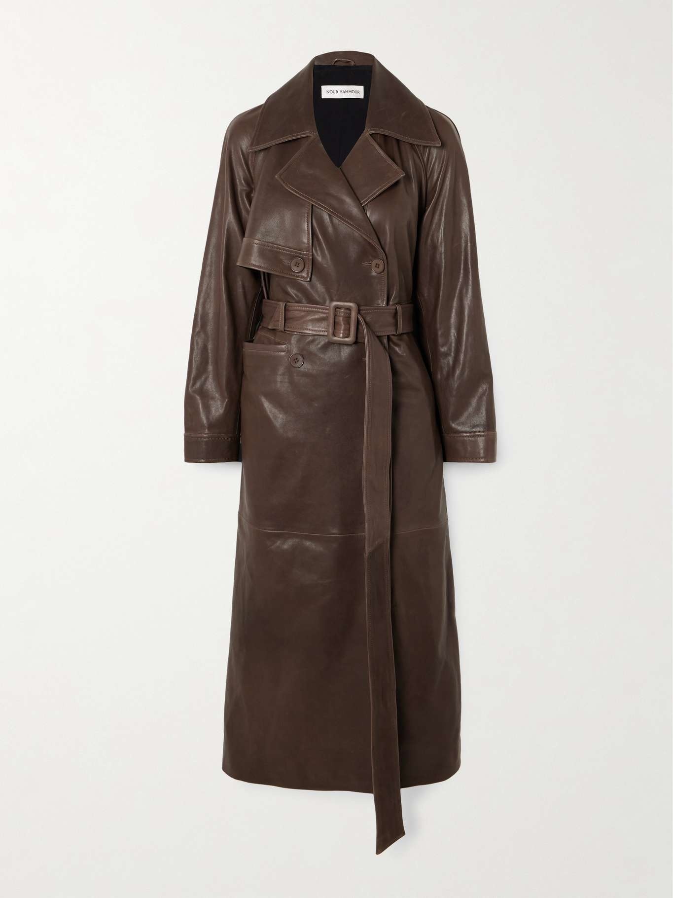 Valetta double-breasted belted leather trench coat Dark brown - 1