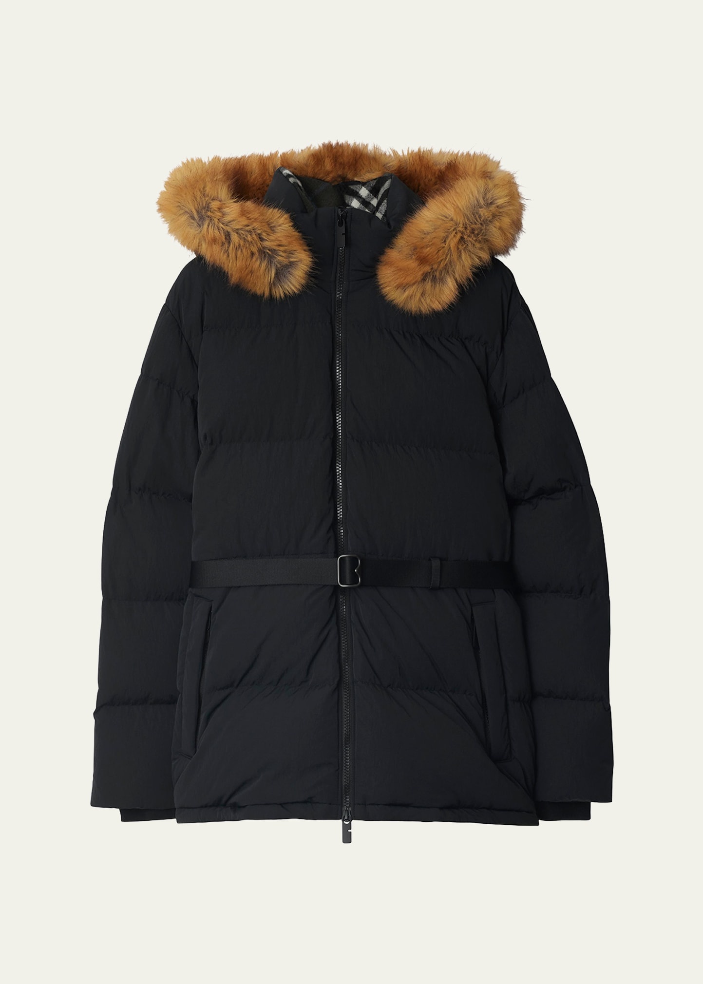 Belted Short Down Jacket With Detachable Hood - 1