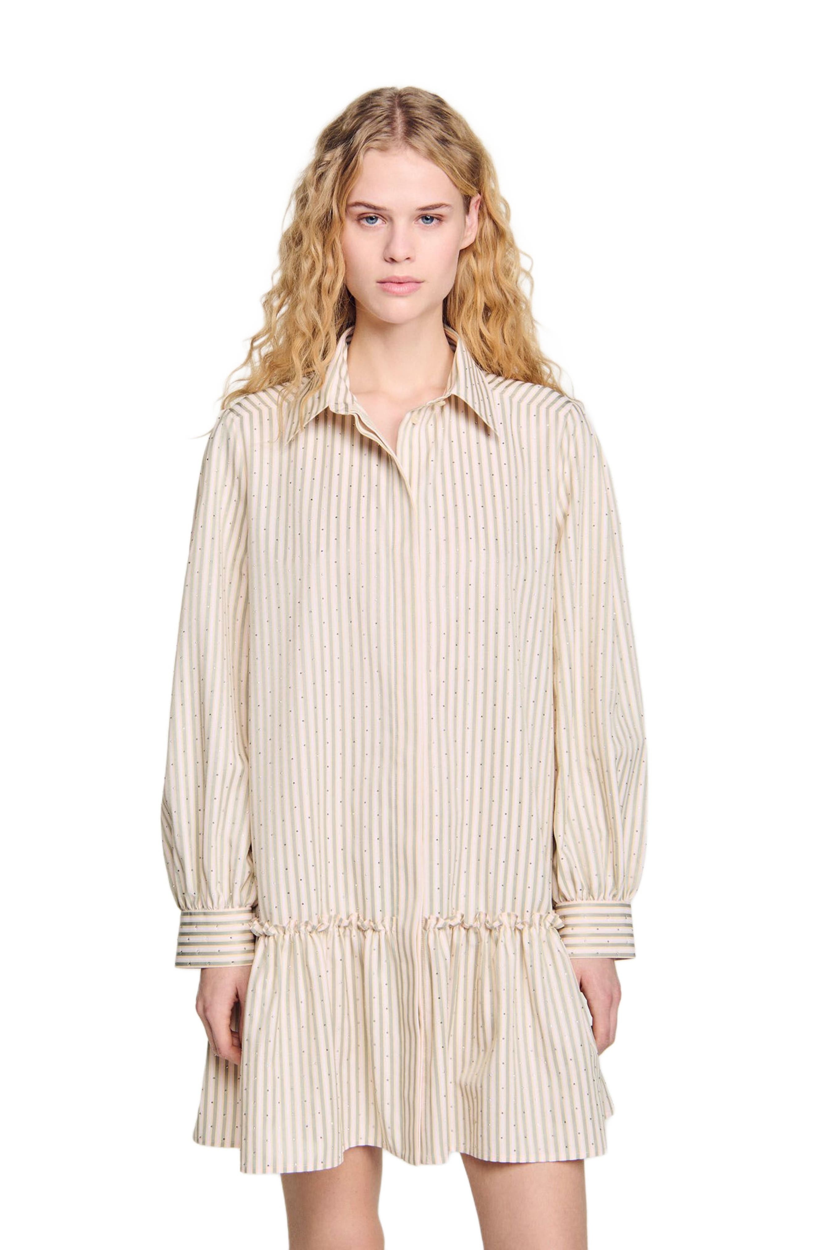 SANDRO Rhinestone striped shirt dress in Khaki /Pink at Nordstrom - 3