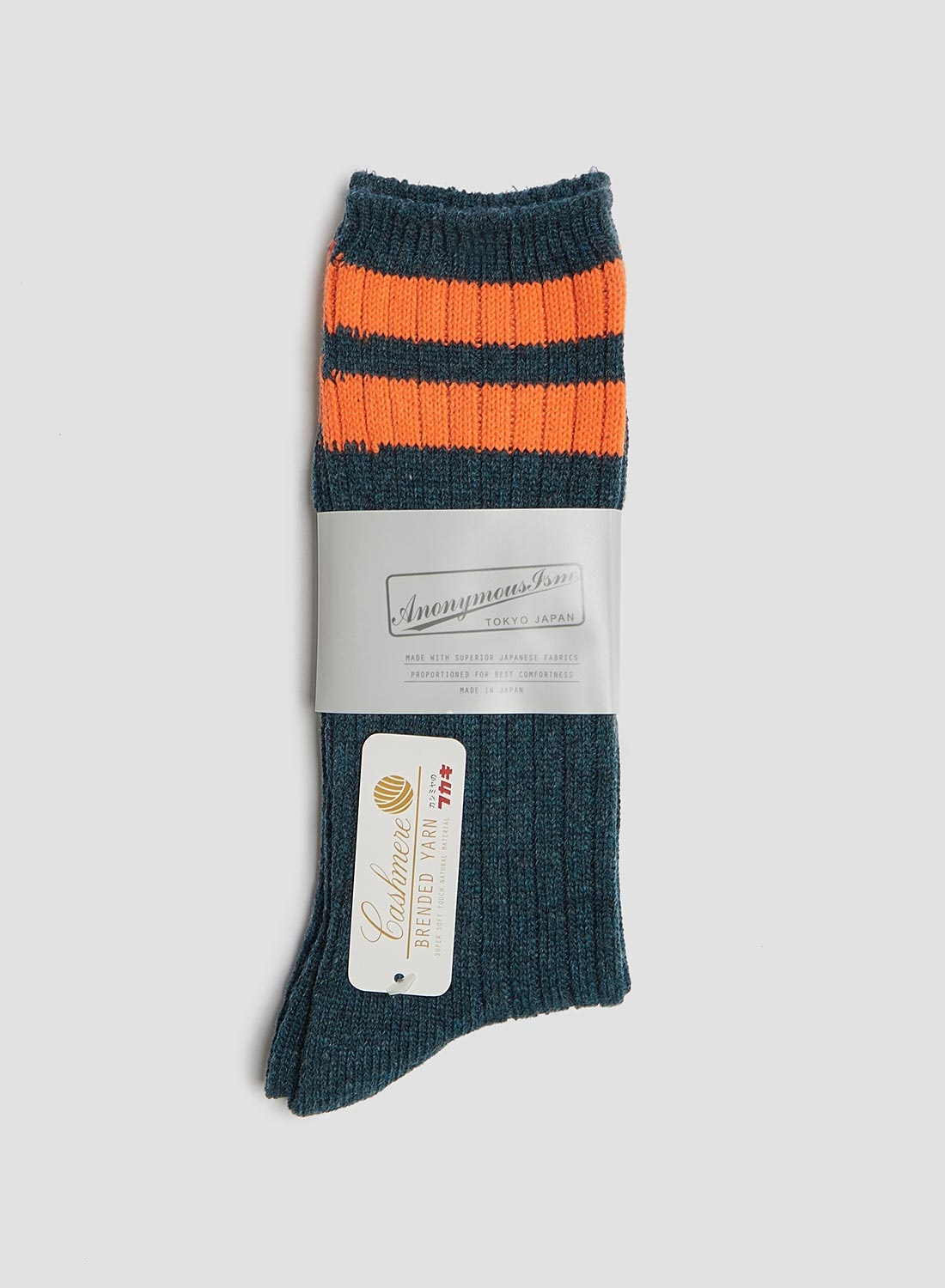 Anonymous Ism Wool Cashmere Neon Stripes Crew Sock in Ink Blue - 1