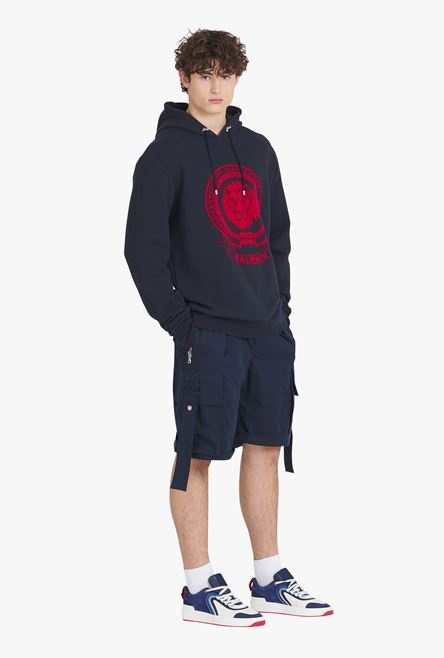 HIGH SUMMER CAPSULE - Navy blue cotton sweatshirt with flocked red Balmain logo - 2