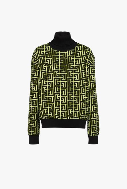 Capsule After ski - neon yellow and black Balmain monogram merino wool turtleneck sweater - 1