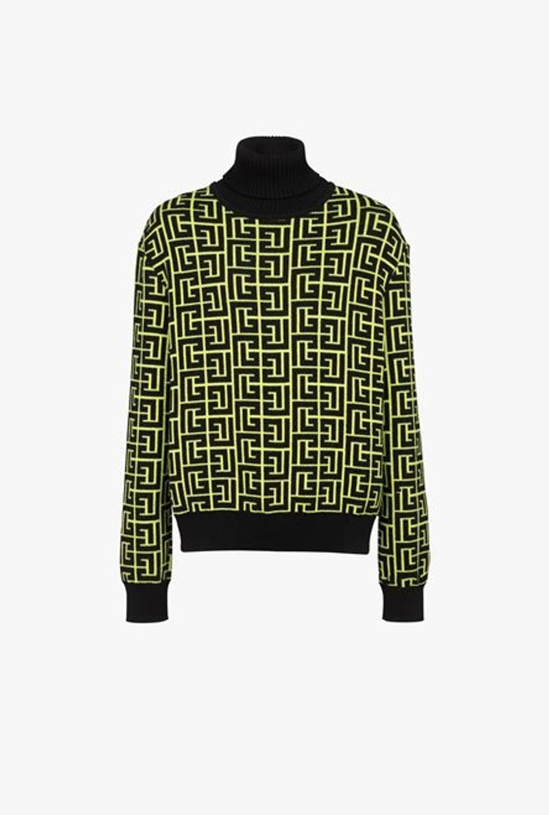 Capsule After ski - neon yellow and black Balmain monogram merino wool turtleneck sweater 1