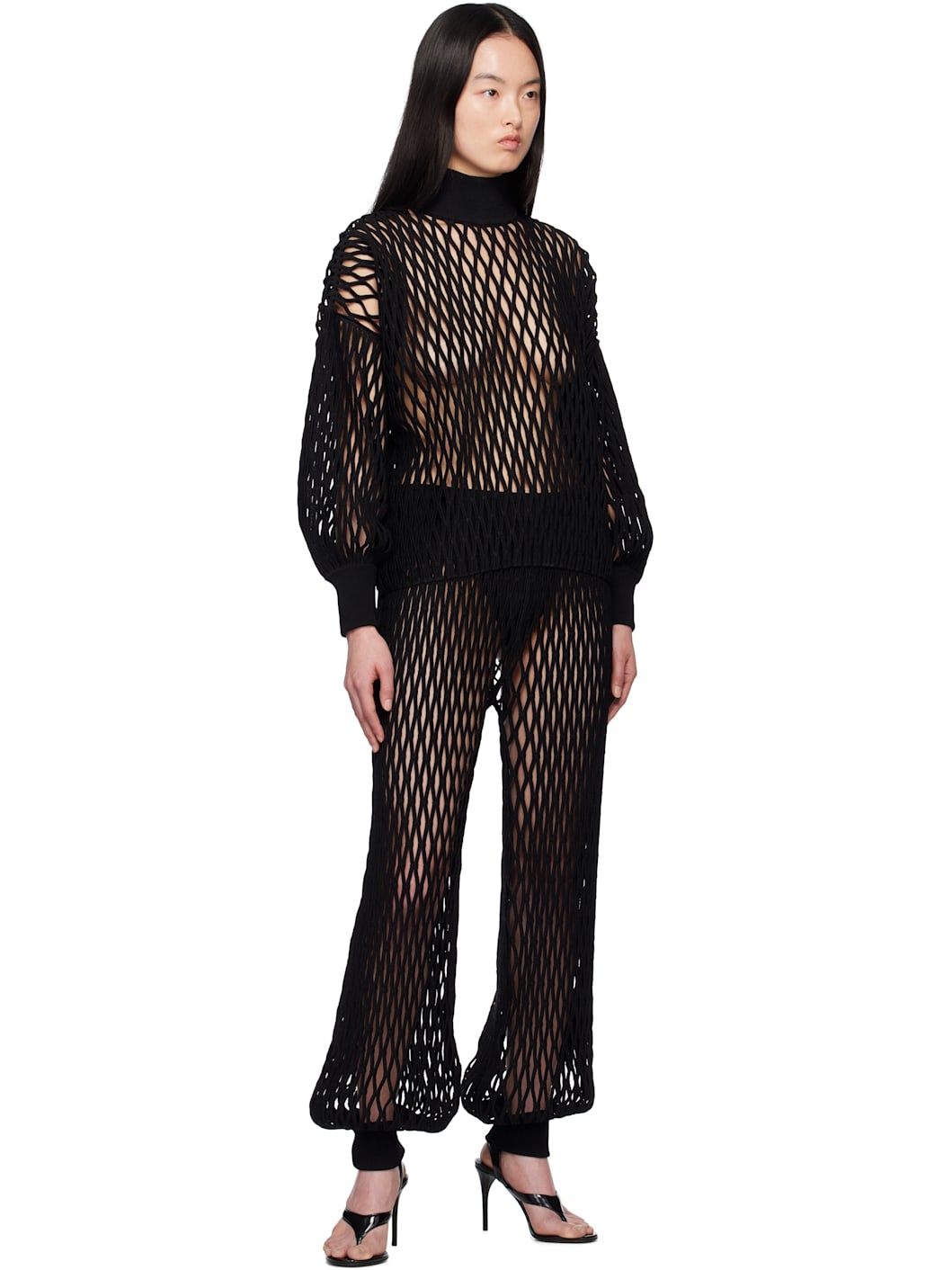 Black Macramé Knit Trousers - 4