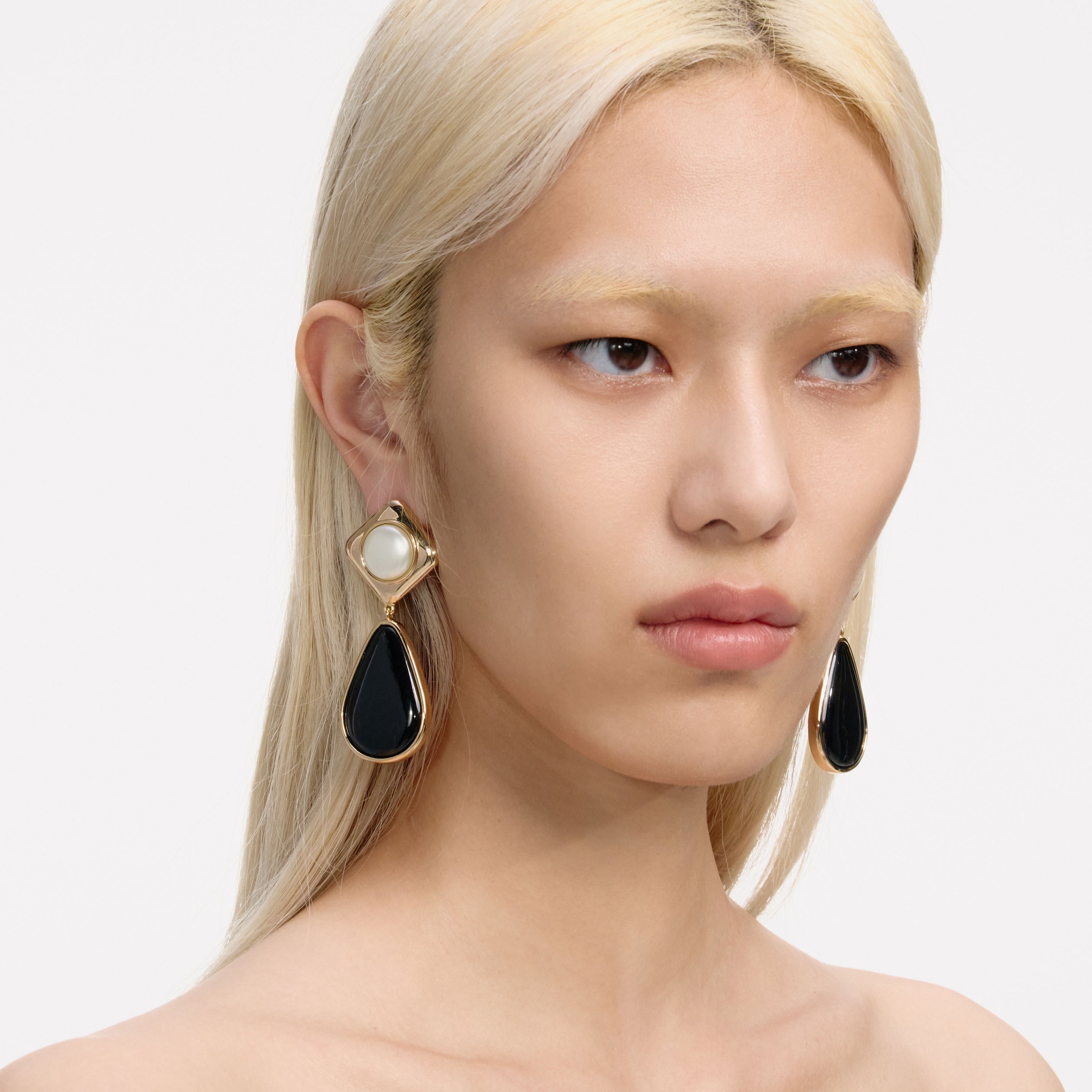 Black Enamel Gold Two Tiered Earrings - 3