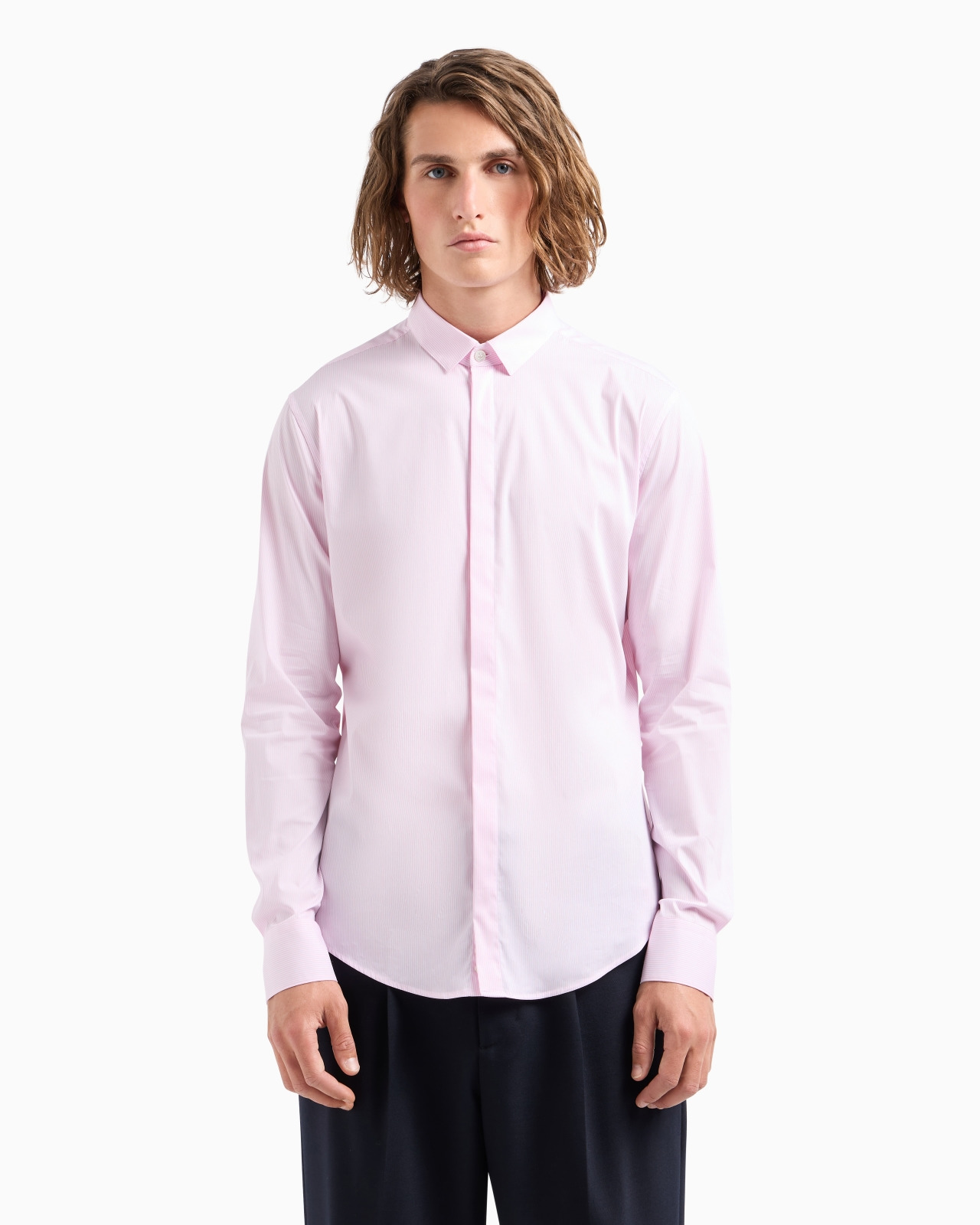 Shirt with a small Italian collar in stretch cotton with jacquard micro-stripes - 2
