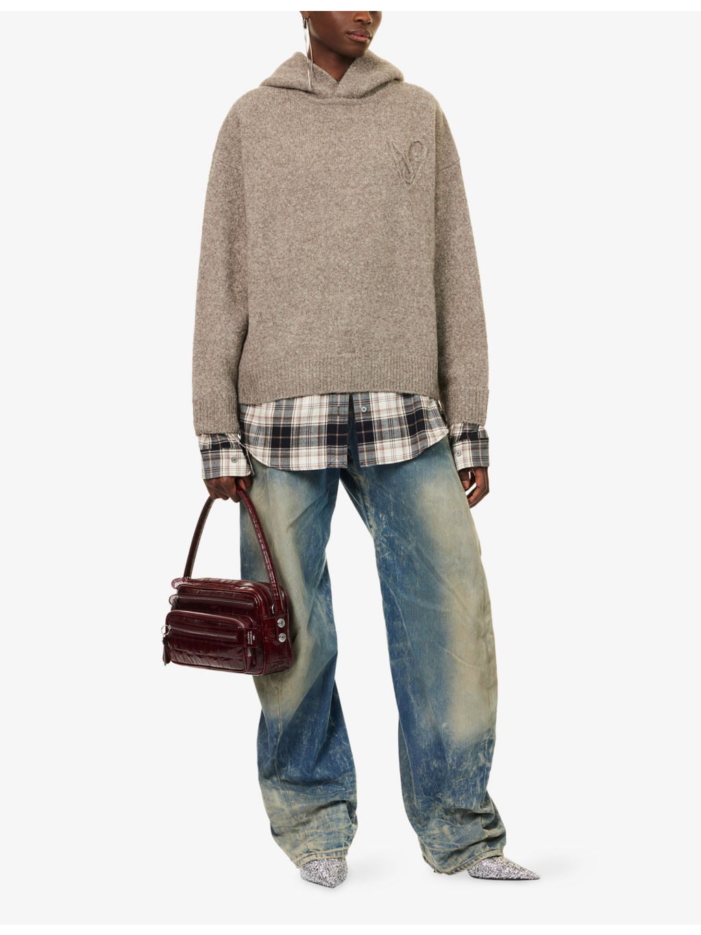 Contrast-Check-Print Relaxed-Fit Wool-Blend Hoodie - 2