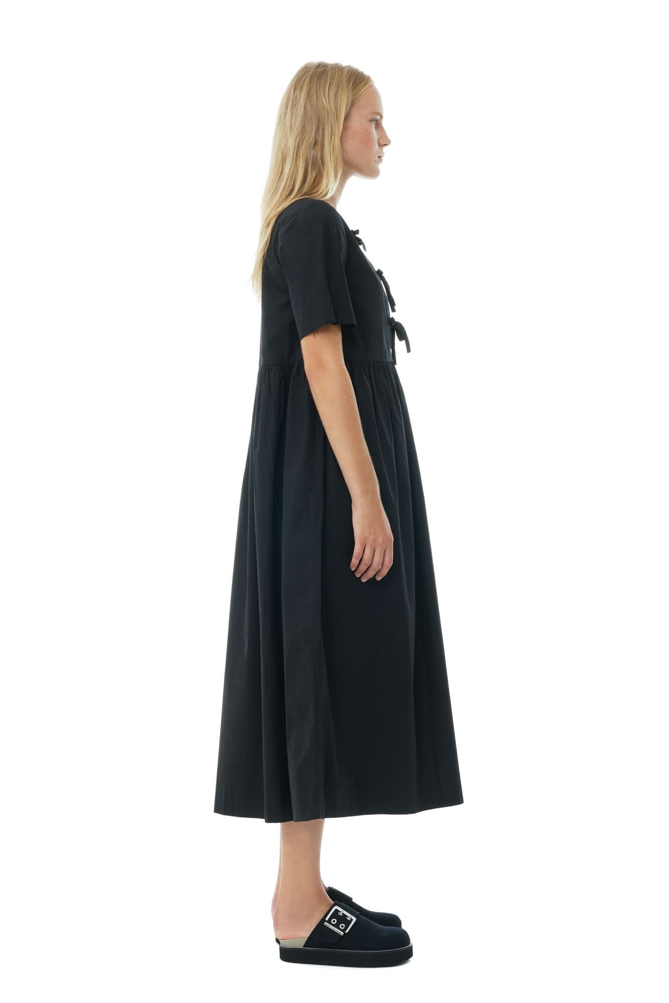 BLACK COTTON POPLIN LONG TIE STRING DRESS - 4