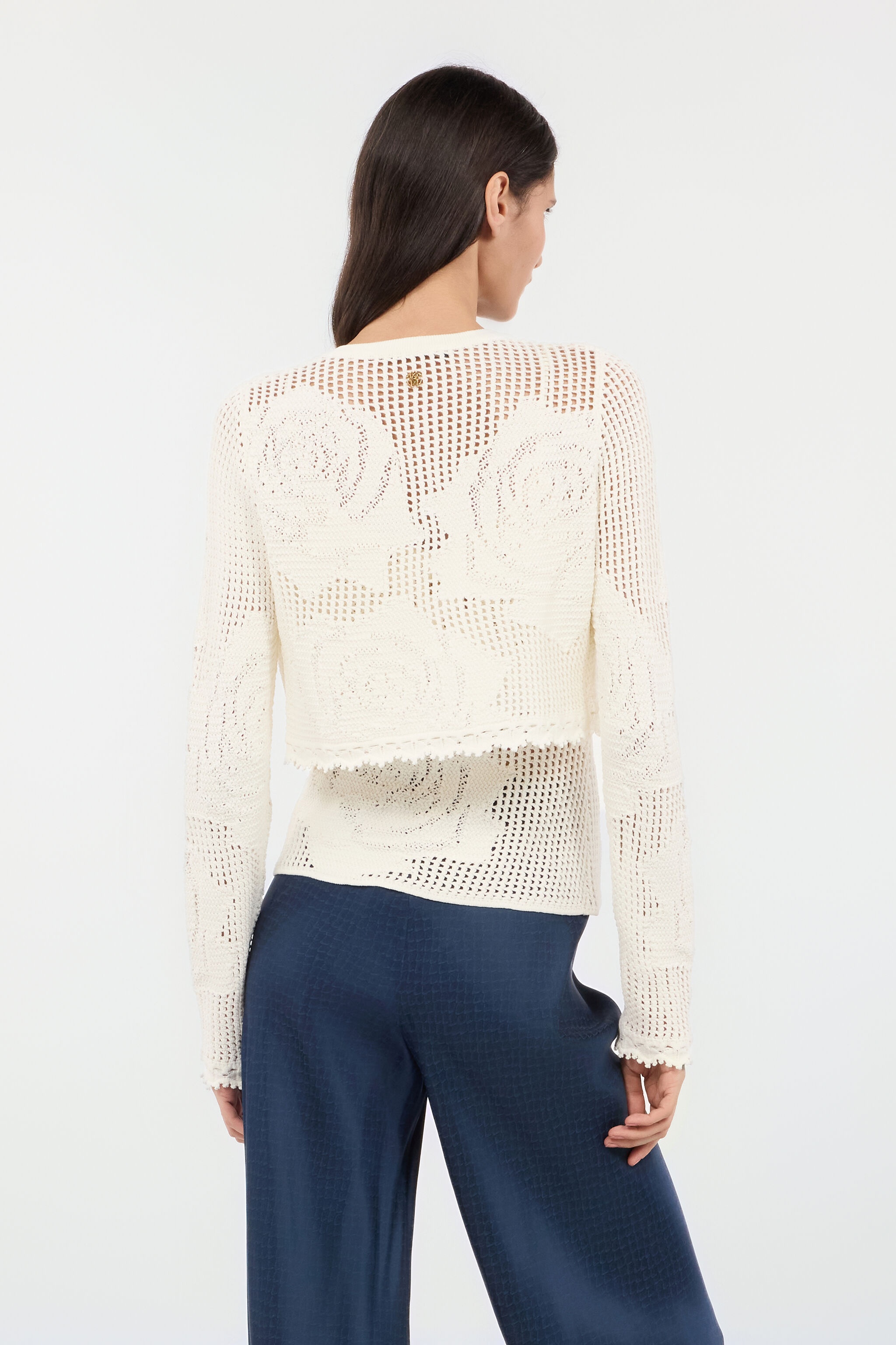 Openwork Cropped Cardigan With Roses - 4