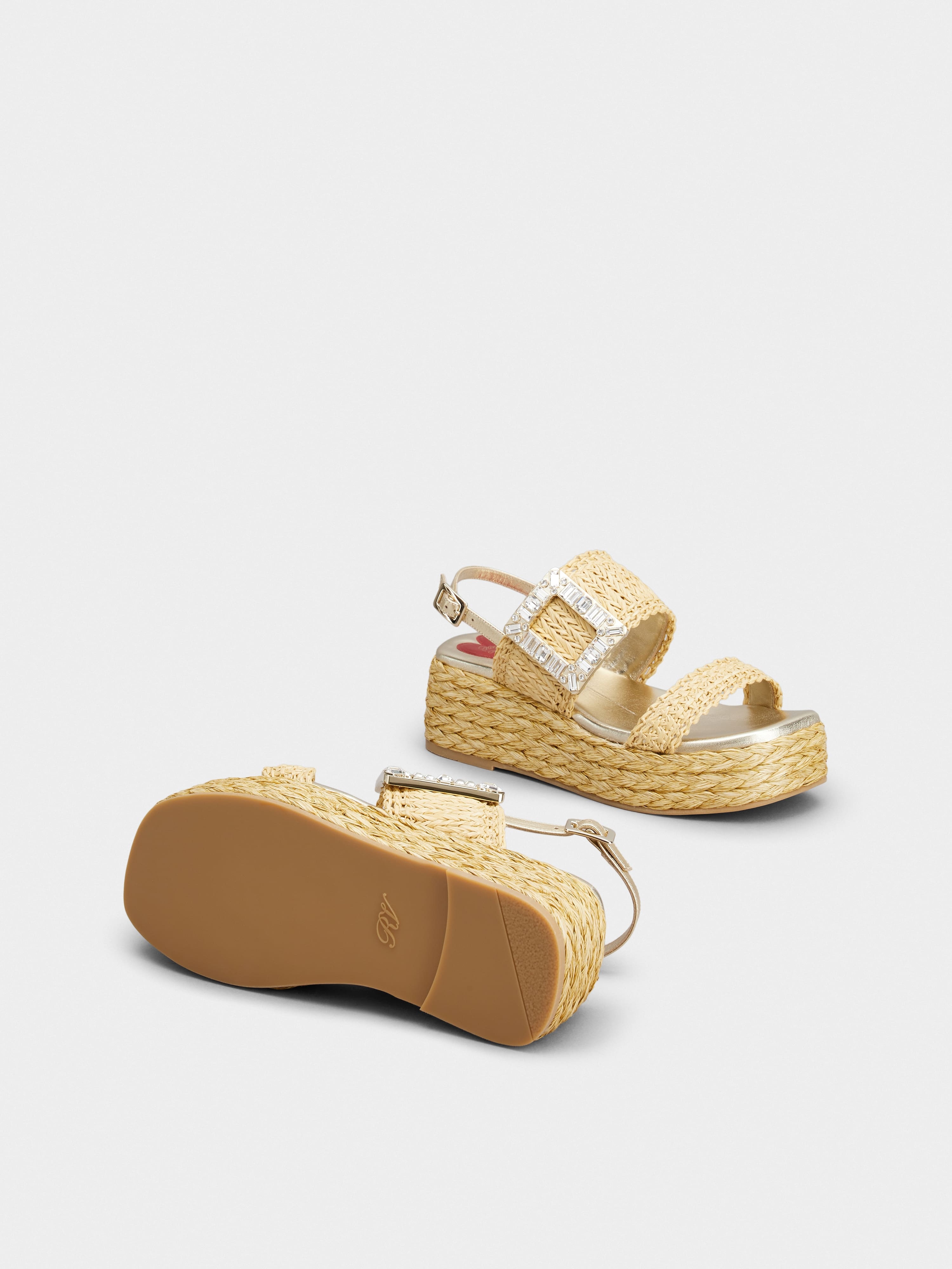 Strass Buckle Wedge Sandals in Raffia - 5