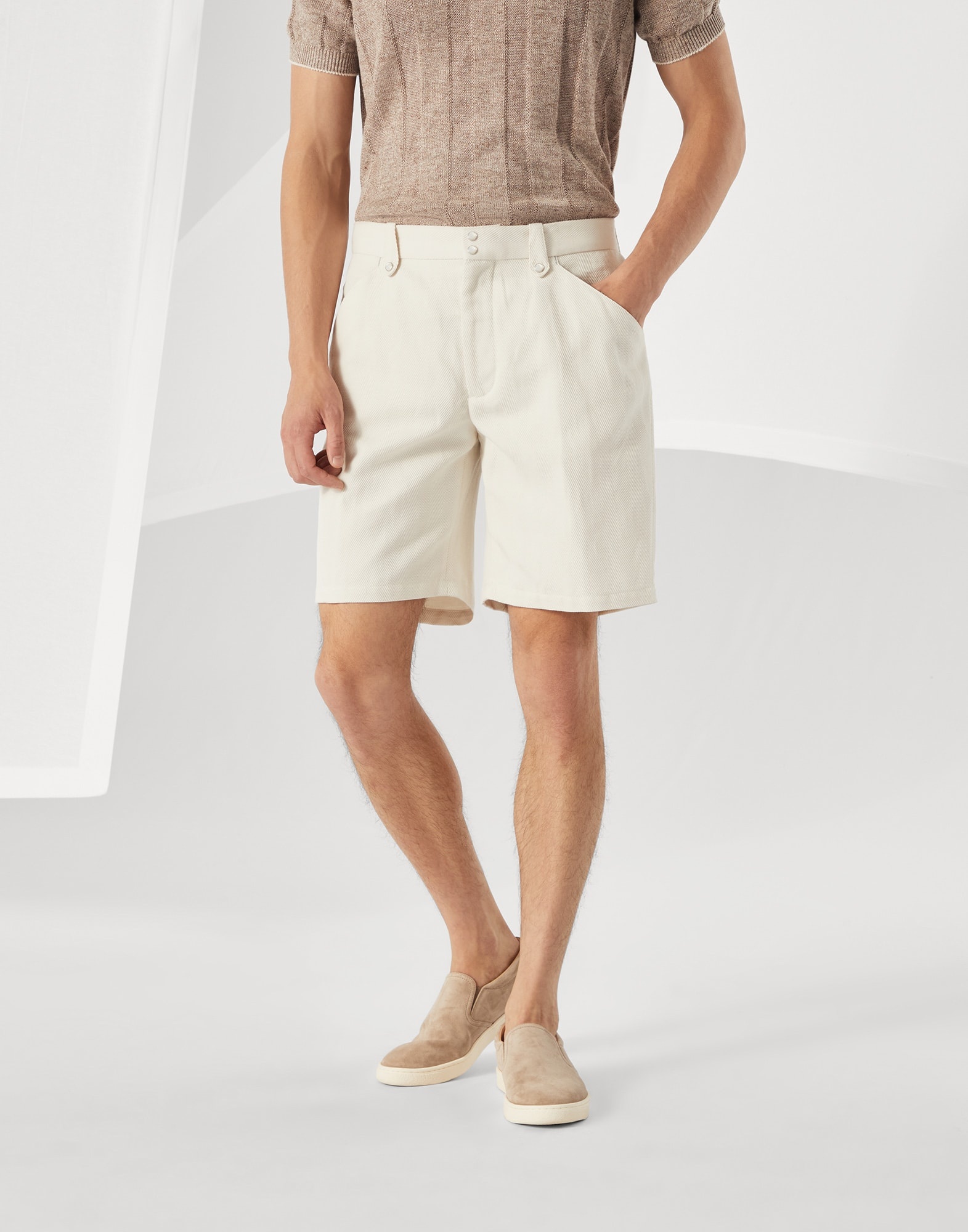 Cotton and linen chevron cavalry Bermuda shorts - 1