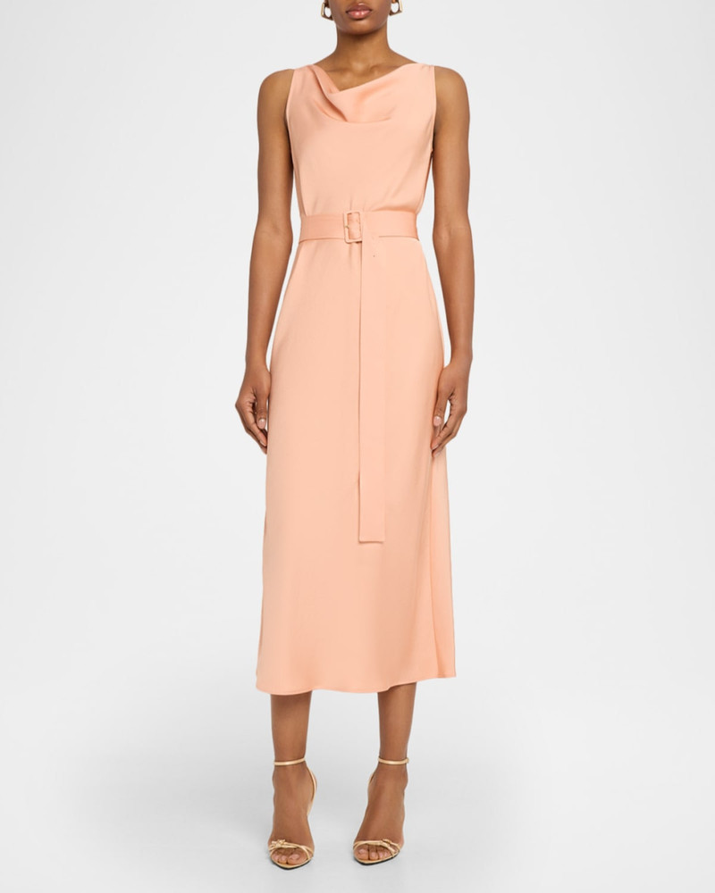 LAPOINTE Lightweight Satin Cowl-Neck Belted Midi Dress outlook
