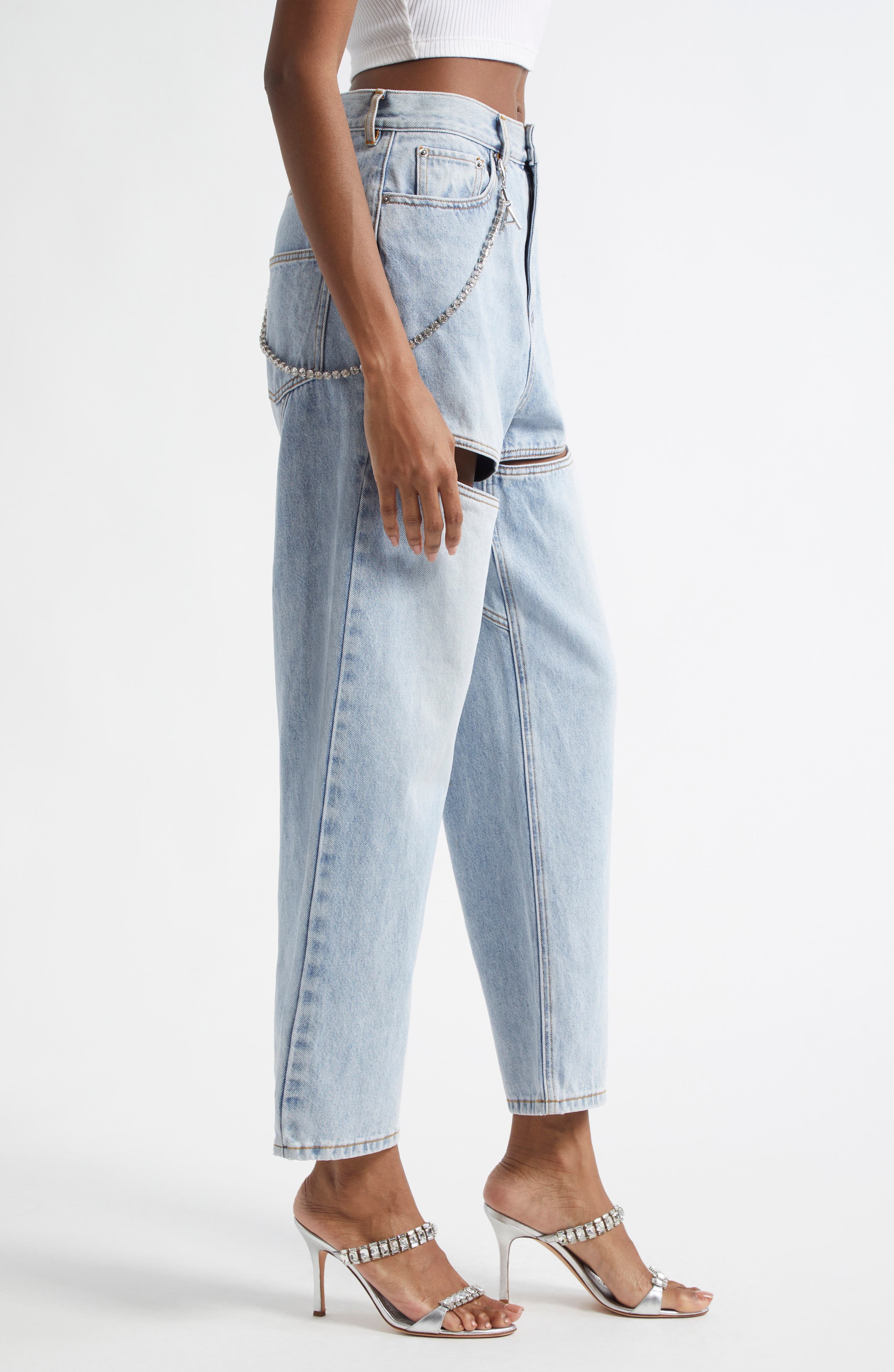 Area Slit Straight Leg Jeans with Crystal Chain in Light Blue at Nordstrom - 3