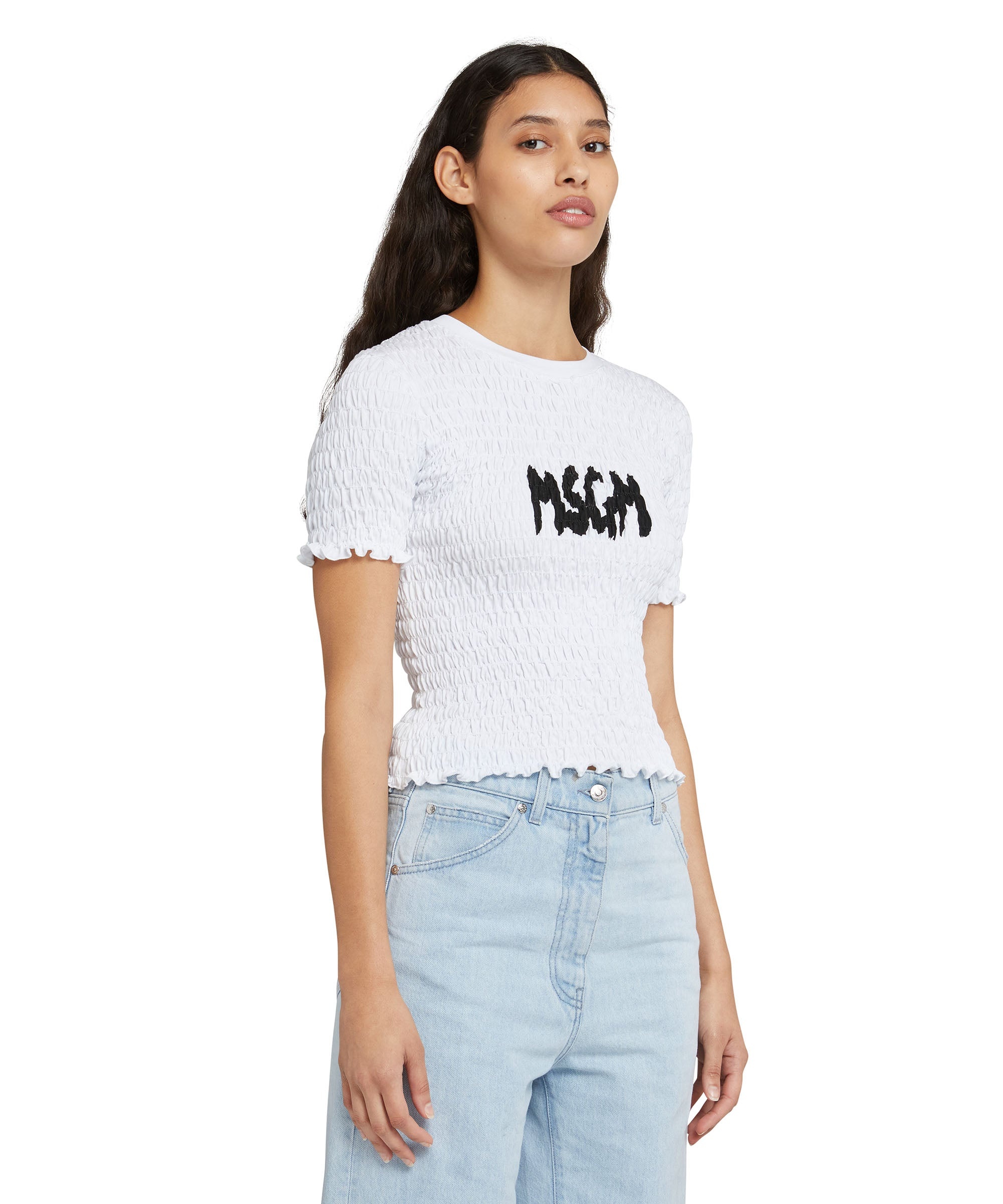 Cotton crop-top t-shirt with smock stitch - 4