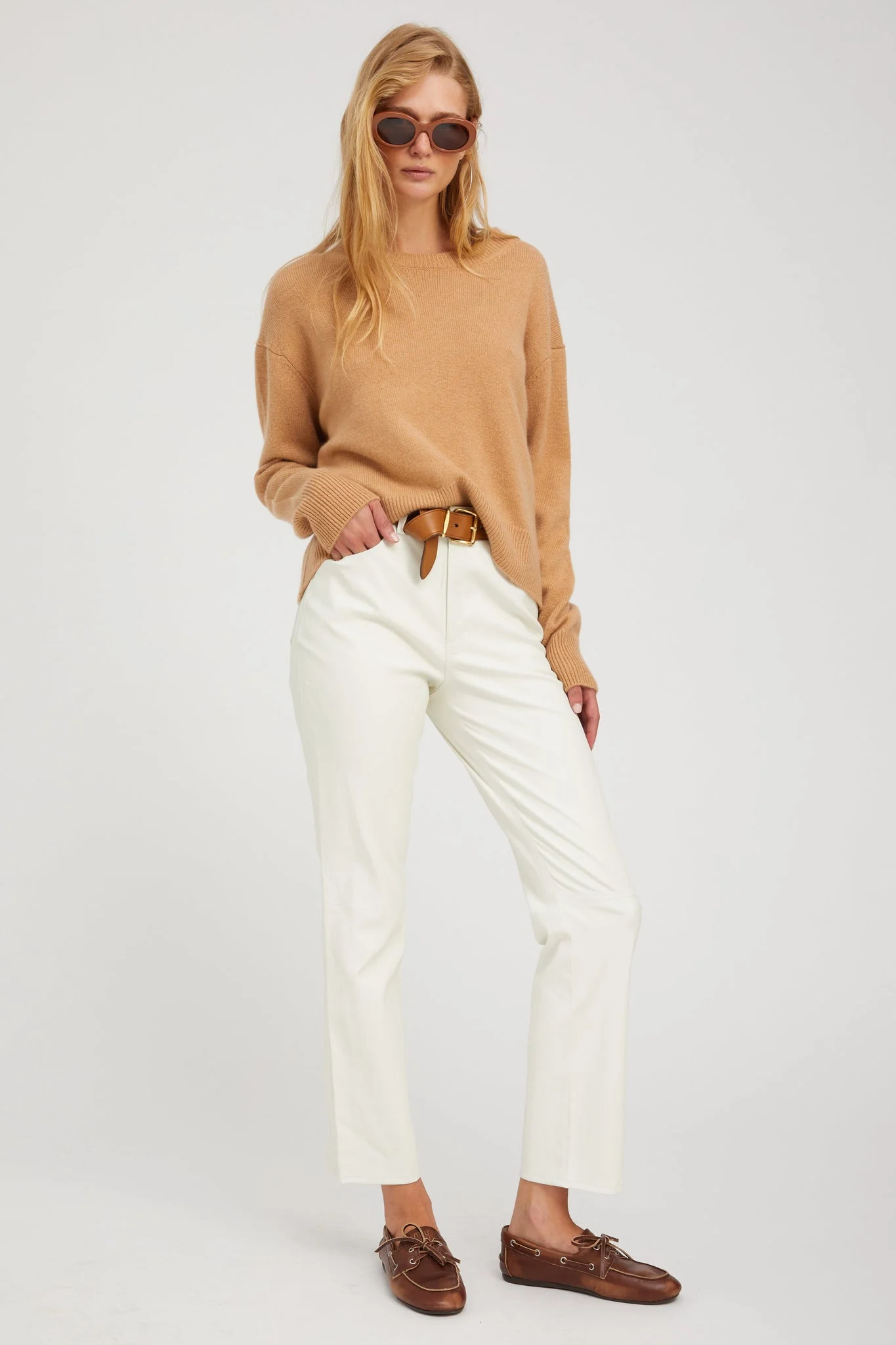 WHITE LEATHER 5 POCKET ANKLE SLIM STRAIGHT - 1