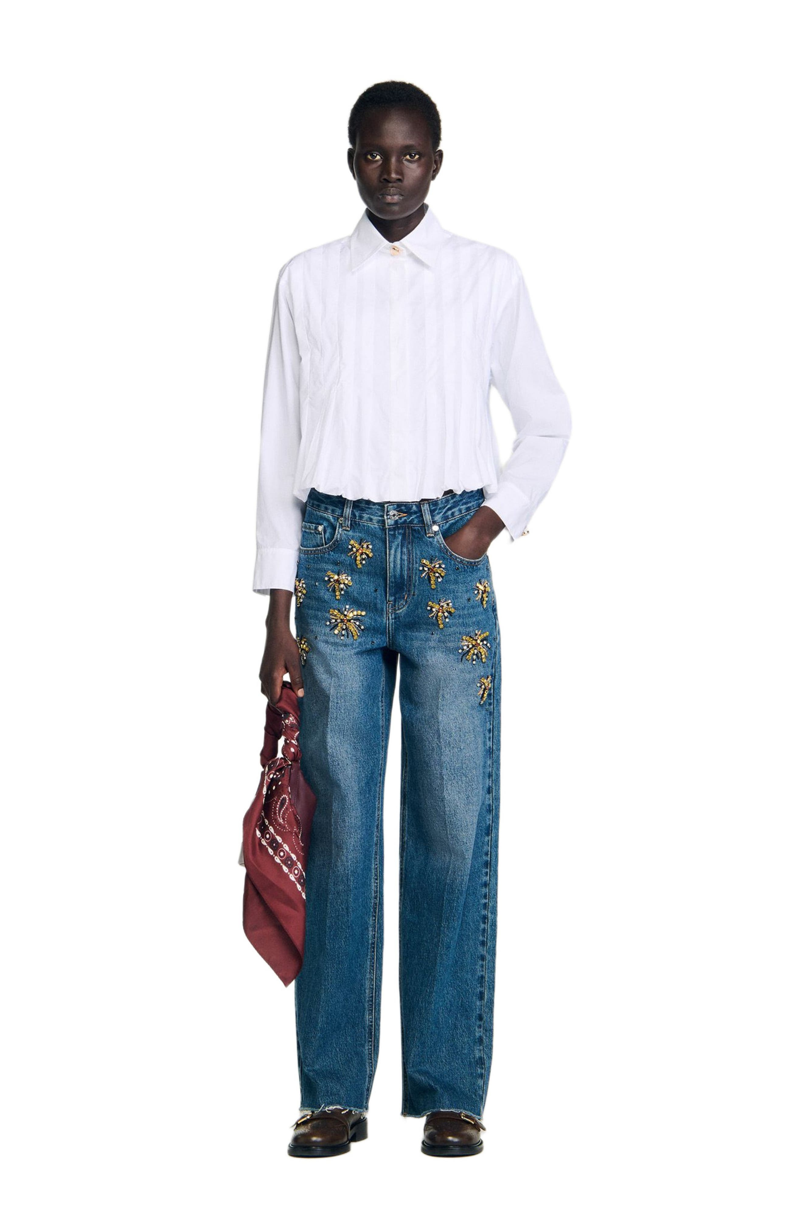 SANDRO Pleated cropped shirt in White at Nordstrom - 6