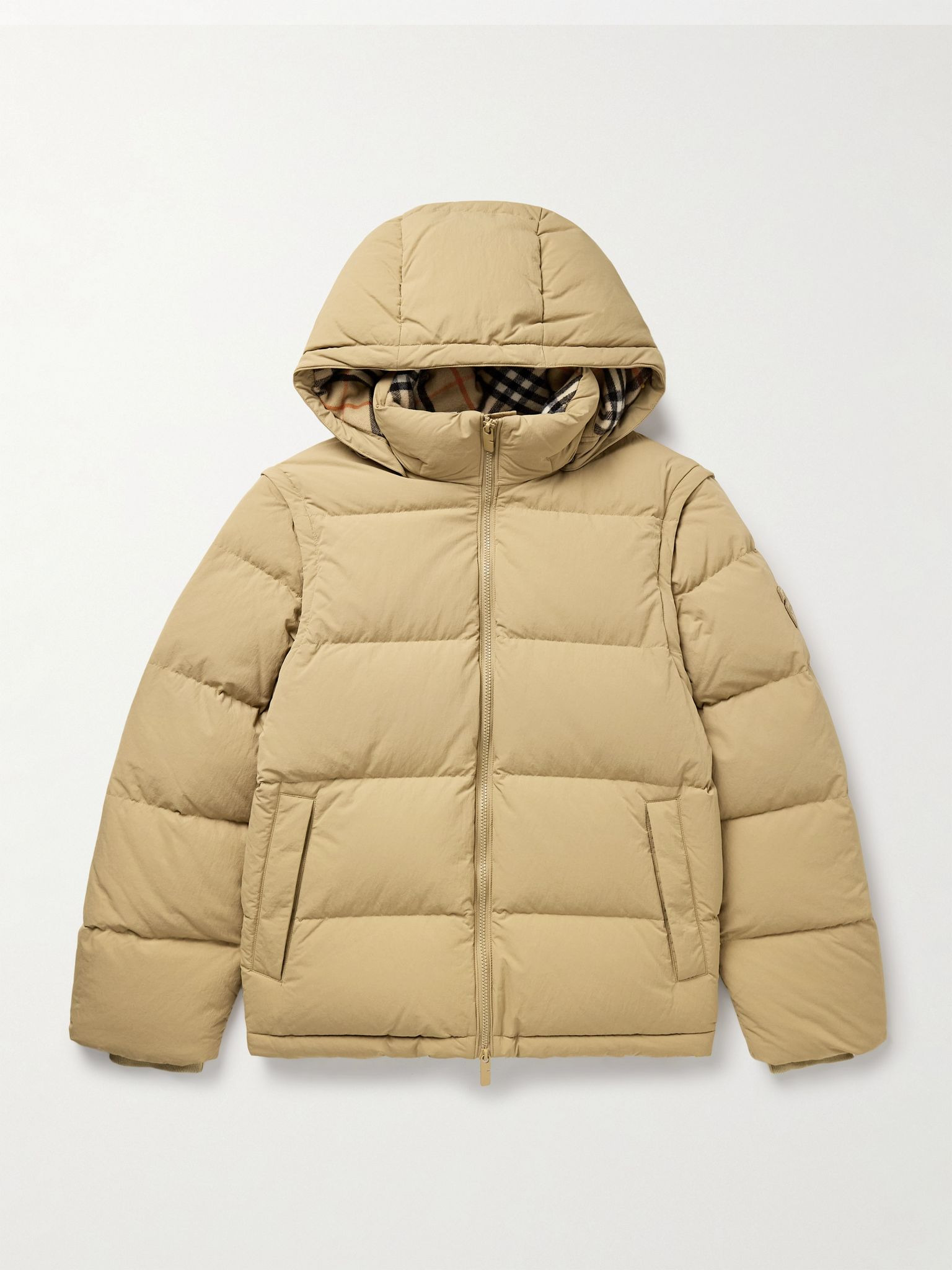Convertible Quilted Shell Hooded Down Jacket Beige - 1